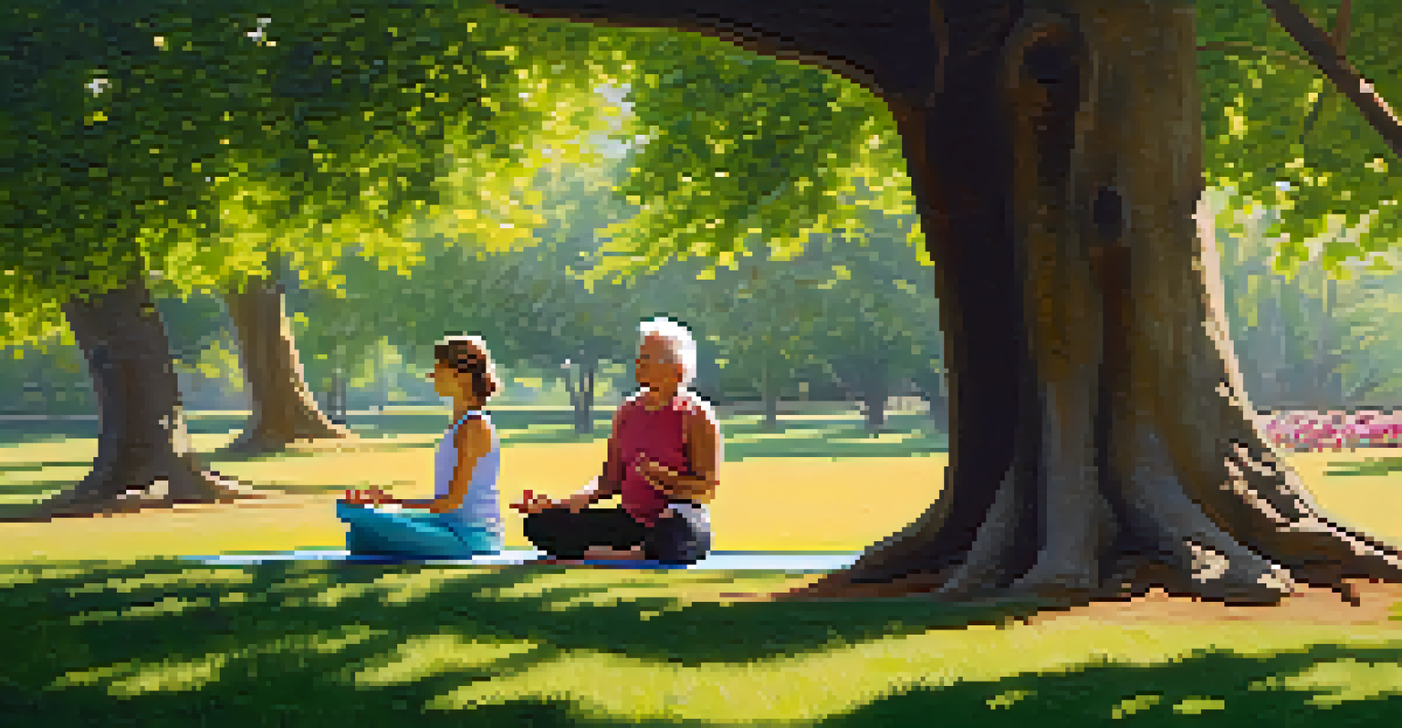 An older adult practicing yoga in a park, surrounded by nature and colorful flowers.