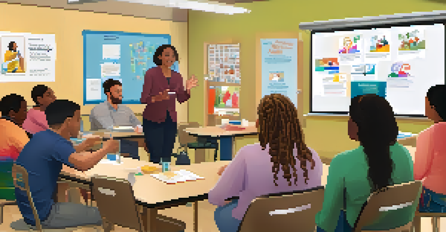 A classroom workshop with adults discussing substance use prevention, featuring a facilitator and educational materials.