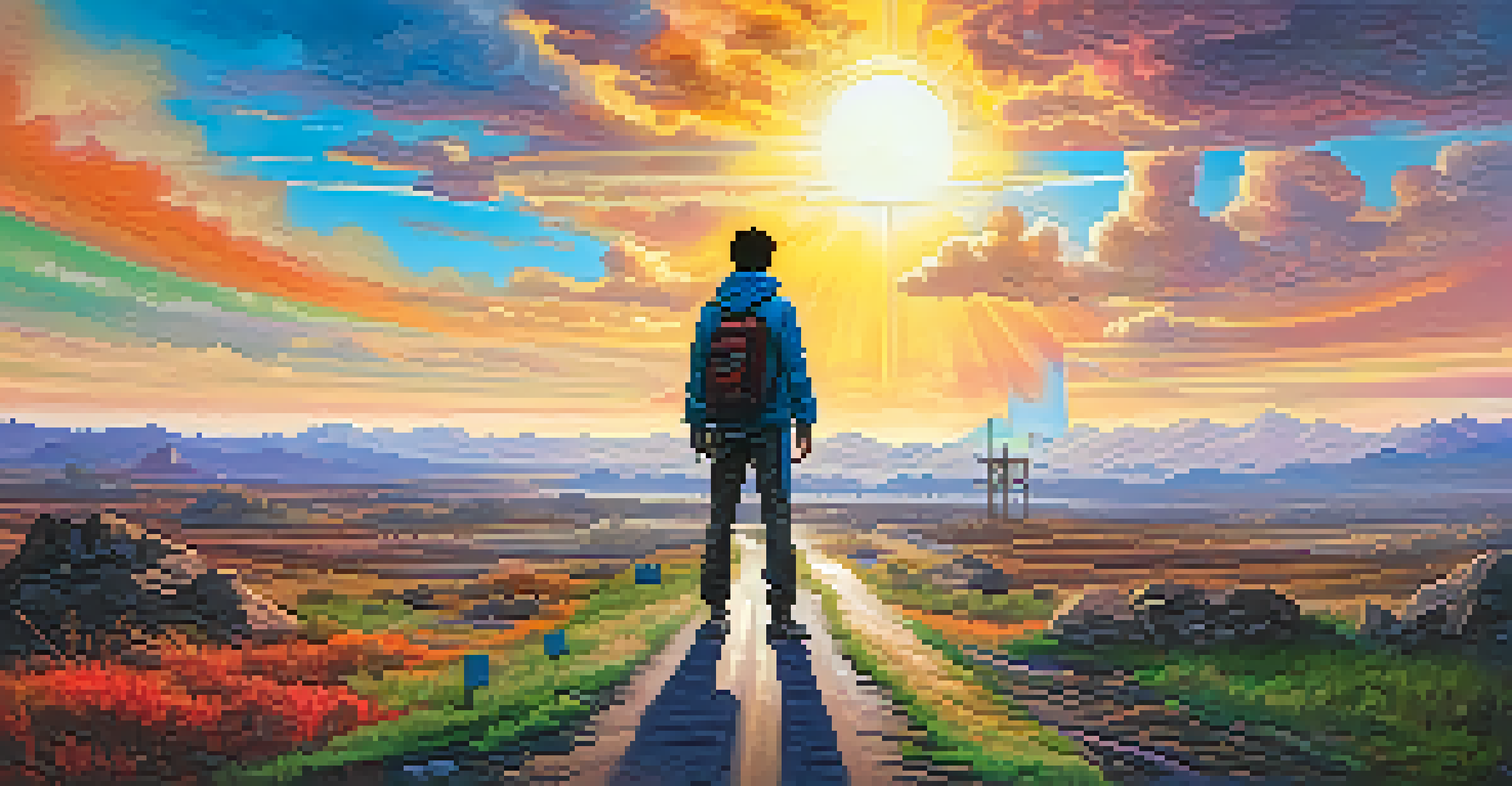 A video game character at a crossroads, one path dark and chaotic, the other bright and hopeful, symbolizing addiction and recovery.