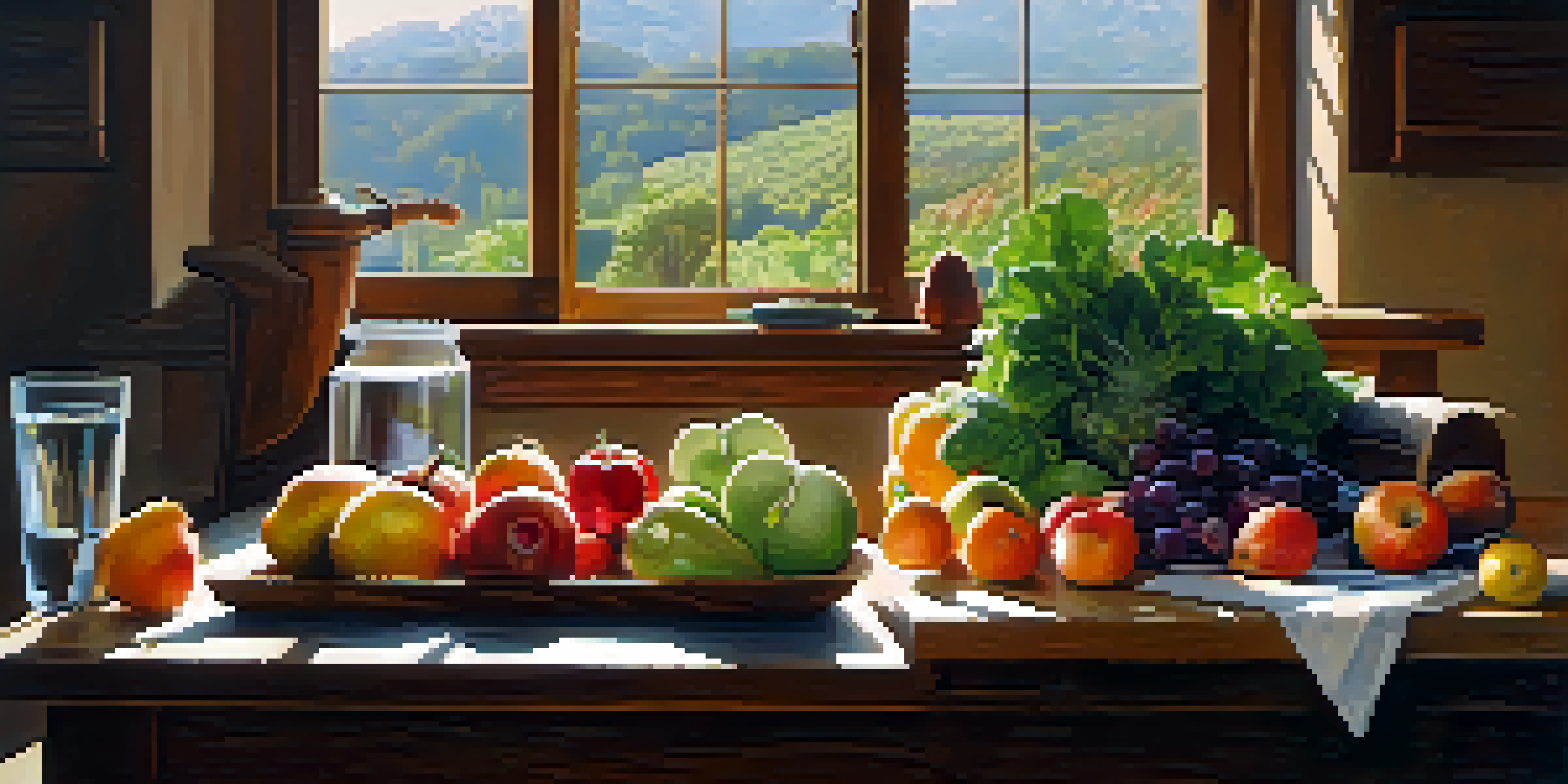 A cozy kitchen with fresh fruits and vegetables on a wooden table, sunlight filtering through the window.