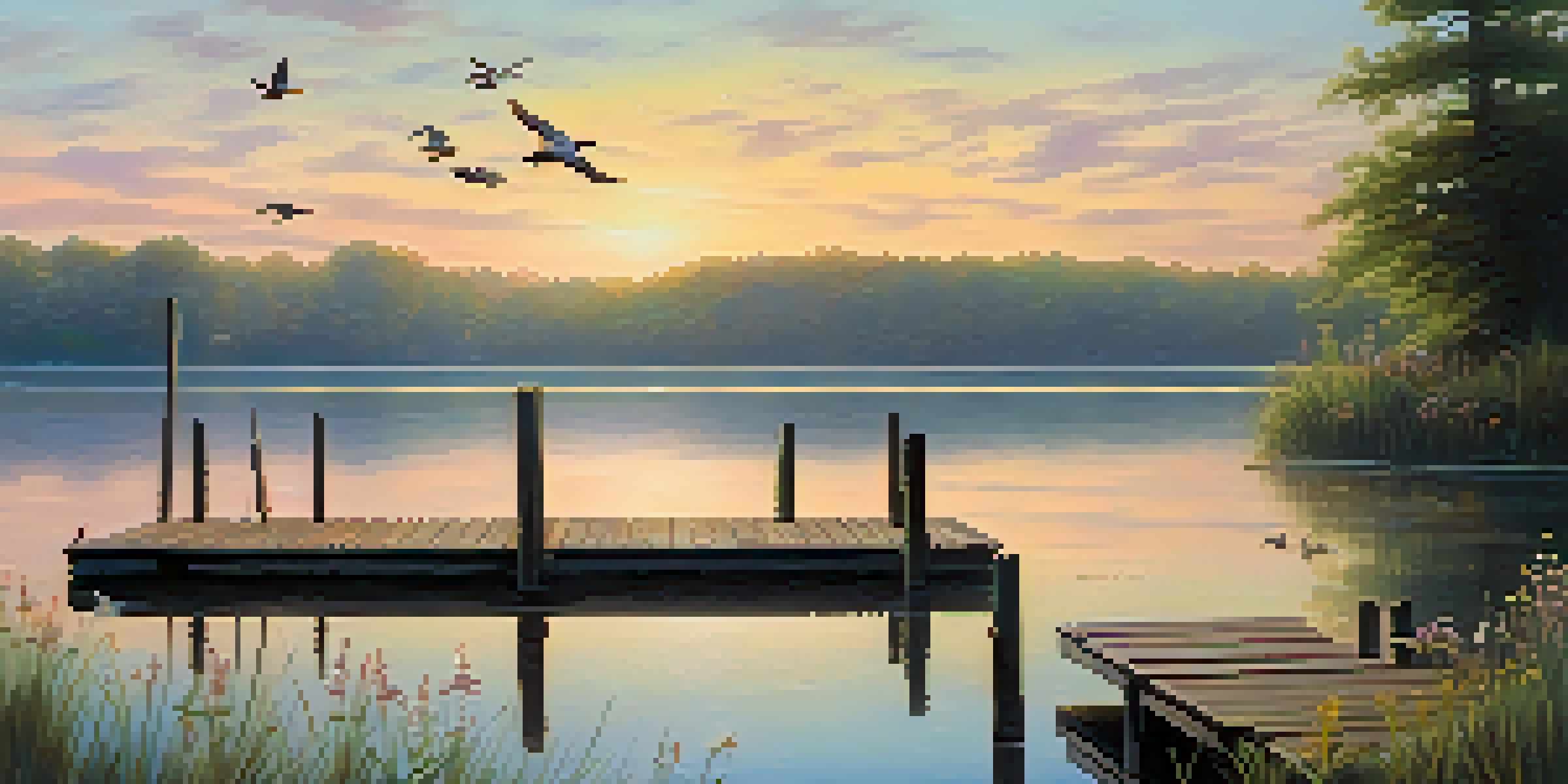 A peaceful morning landscape with a lake reflecting the sunrise, a wooden dock, and surrounding flora.
