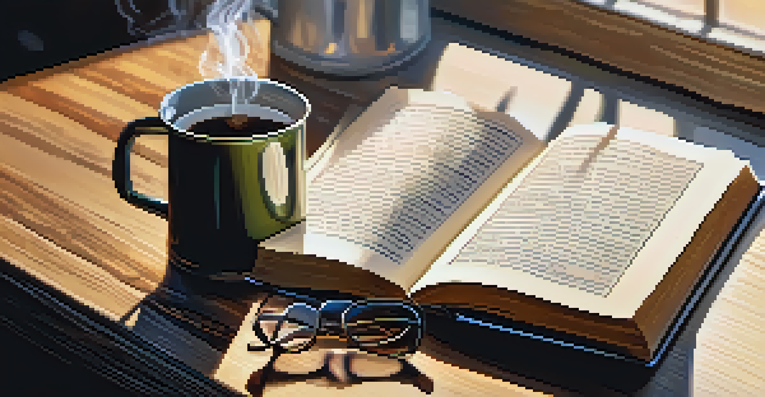 A close-up of an open book on a wooden table with a steaming cup of coffee and reading glasses, illuminated by soft morning light.