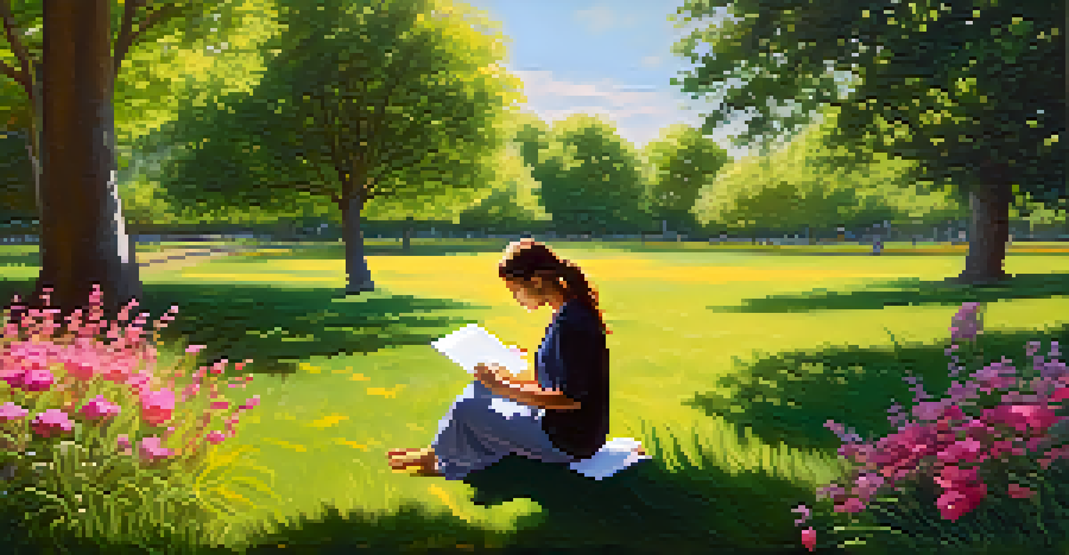 A person sitting in a park, writing a self-compassion letter on a notepad, surrounded by blooming flowers and green grass.