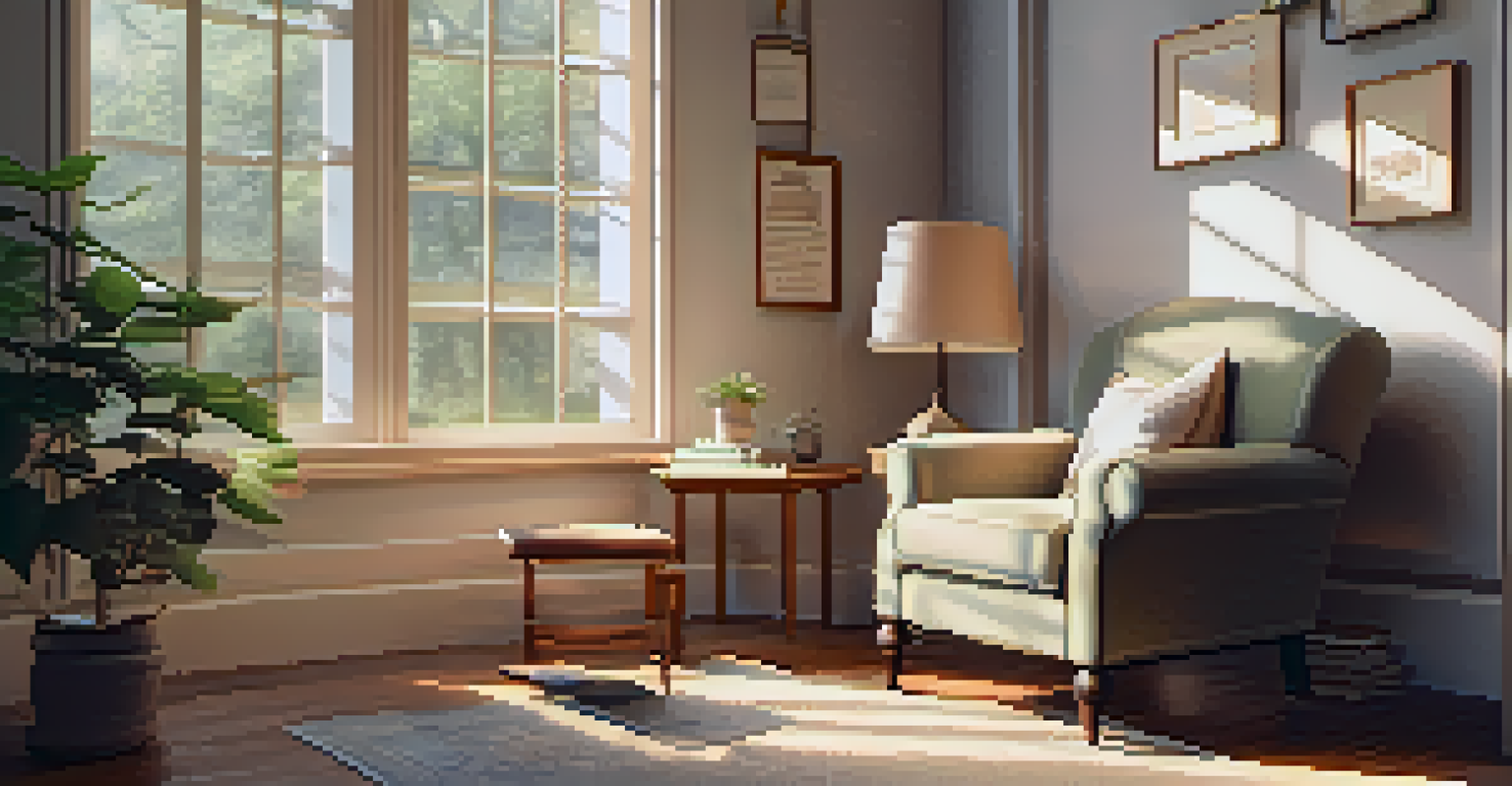 A cozy indoor reading nook with an armchair, books, and a cup of tea, illuminated by natural light.