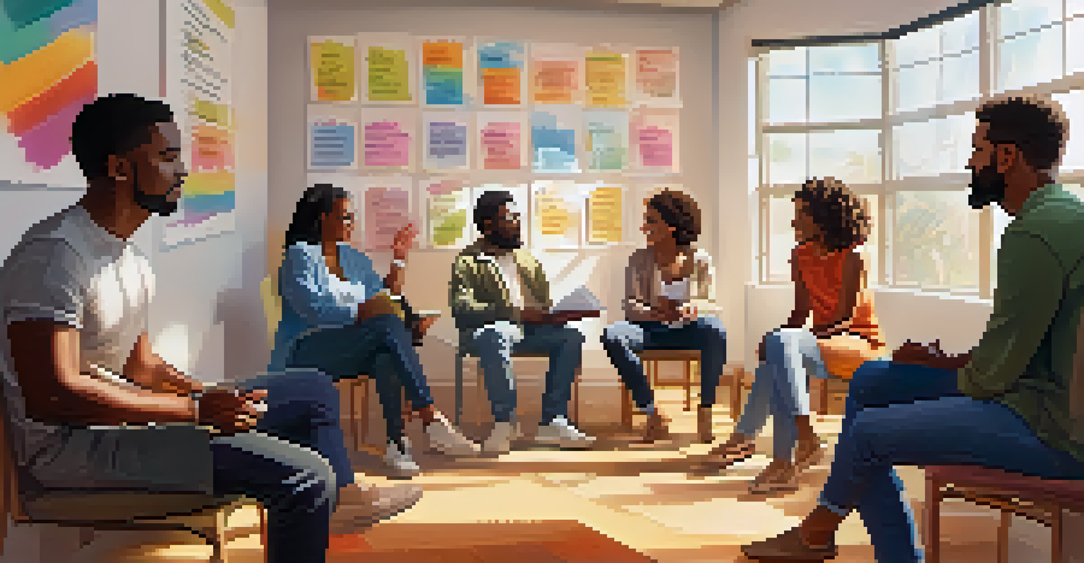 A supportive group therapy session with participants discussing in a bright room, symbolizing community and recovery.