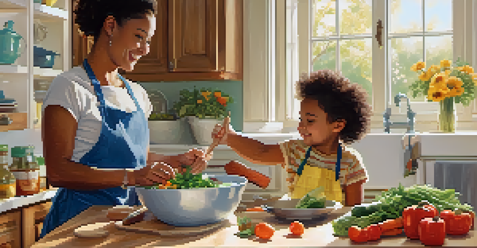 A parent and child cooking together in a bright kitchen, sharing smiles and laughter.
