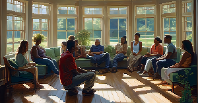A group of diverse individuals sitting in a circle in a warm room, engaged in a supportive discussion.