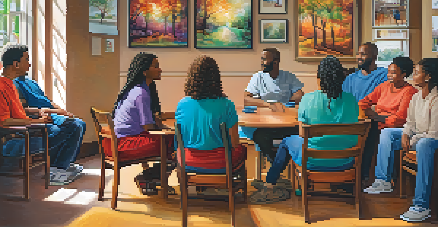 A supportive group circle with individuals sharing stories in a warm and inviting room, emphasizing community and resilience.