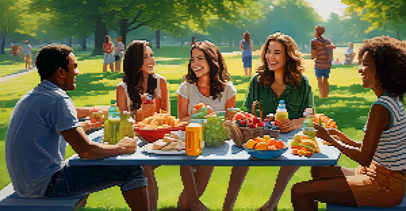 A group of friends having a picnic in a park, sharing healthy snacks and enjoying each other's company.