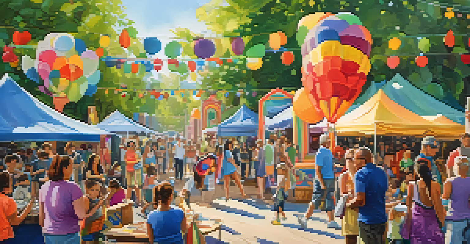 A vibrant arts festival with people painting, playing music, and enjoying art installations in a park.