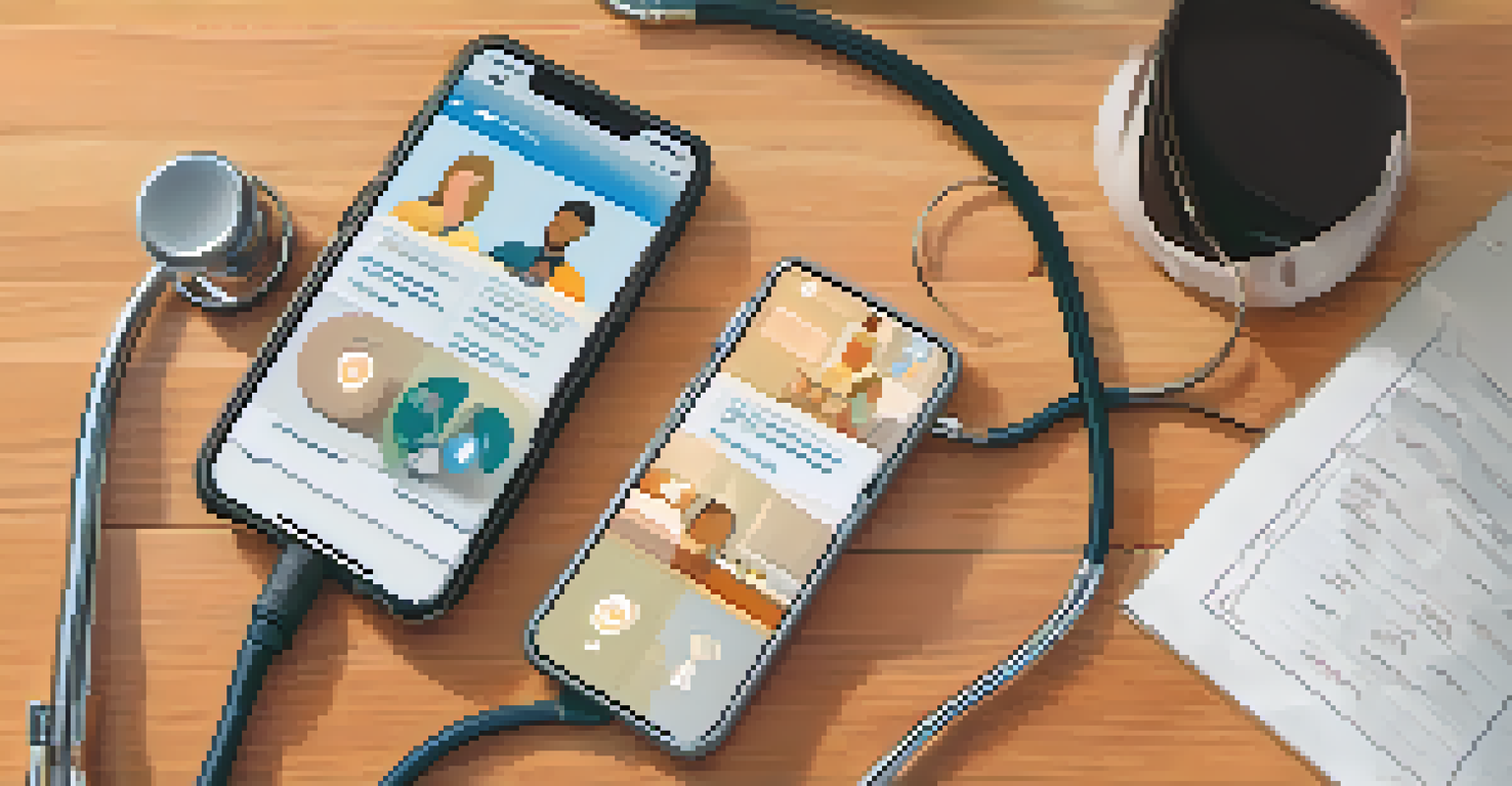 A smartphone displaying telehealth features like video conferencing, next to a stethoscope and notepad.