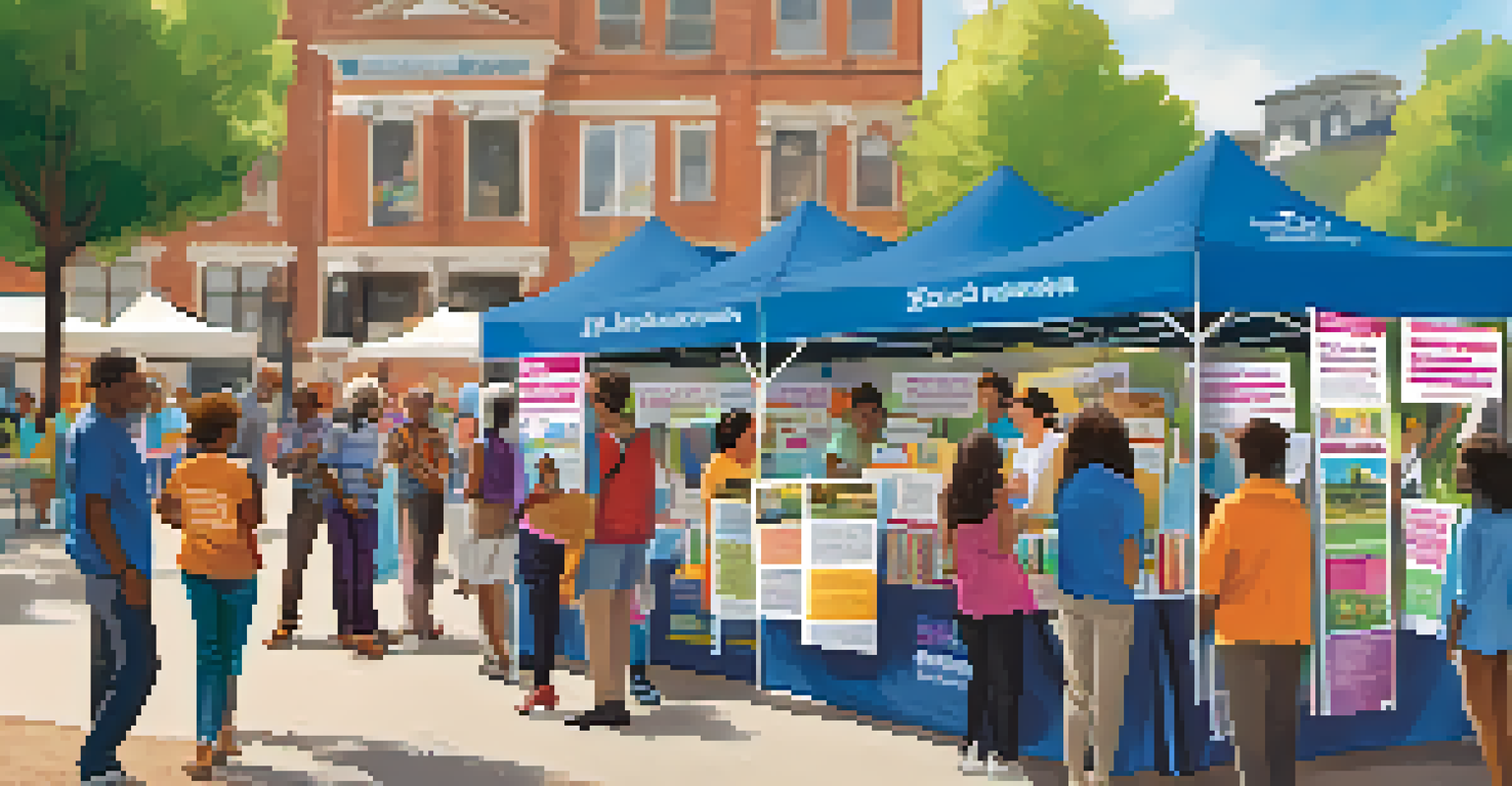 A public awareness campaign booth at a community event, with people engaging and reading about addiction resources.