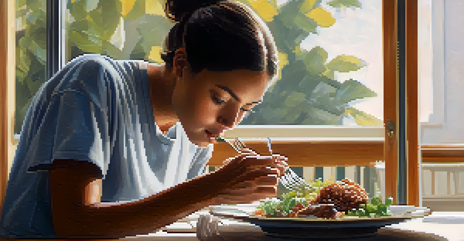 A close-up of a person savoring a meal, holding a fork with a focused expression in a serene dining setting.