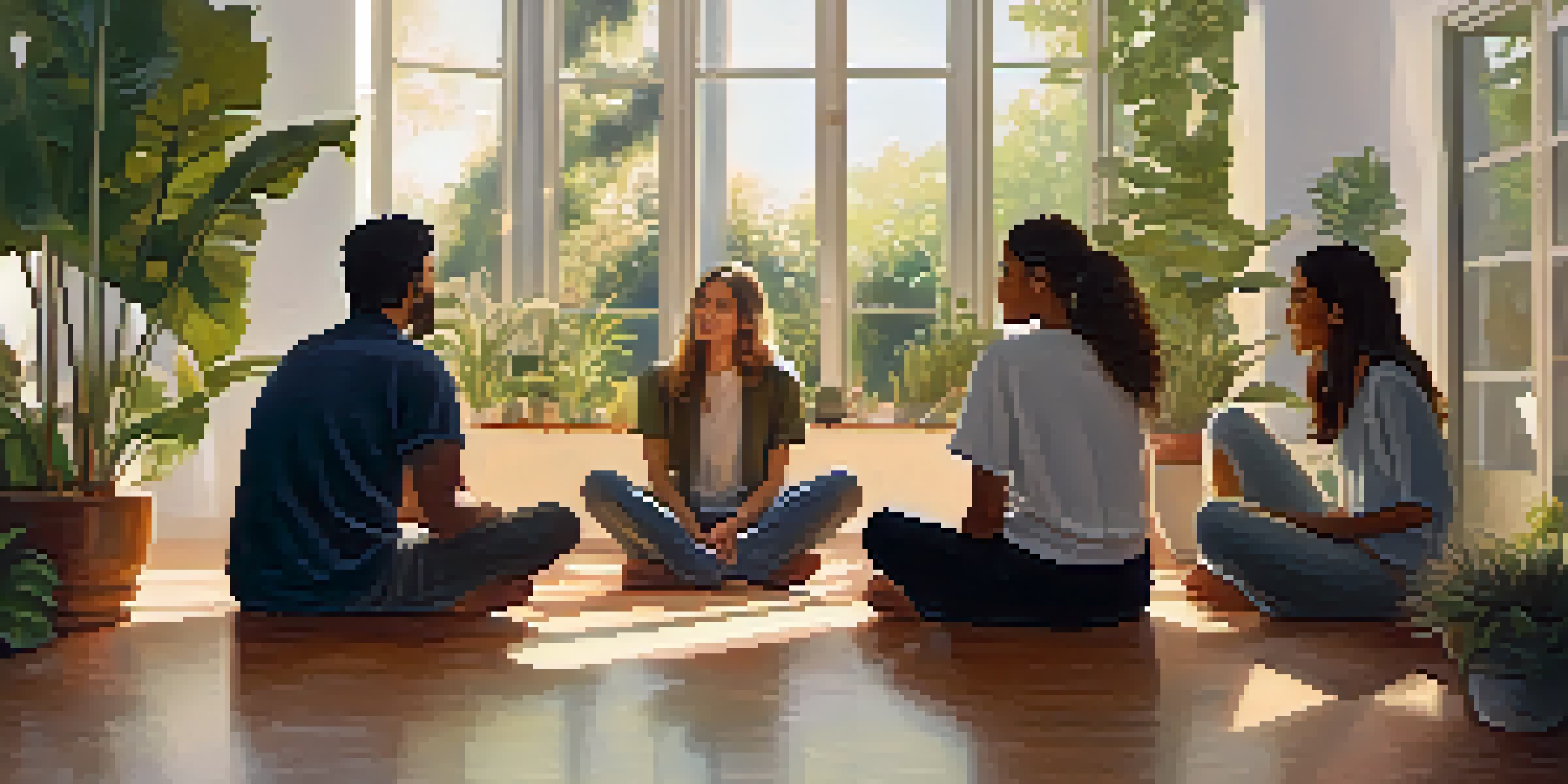A group of people sitting in a supportive circle, sharing stories in a softly lit room.