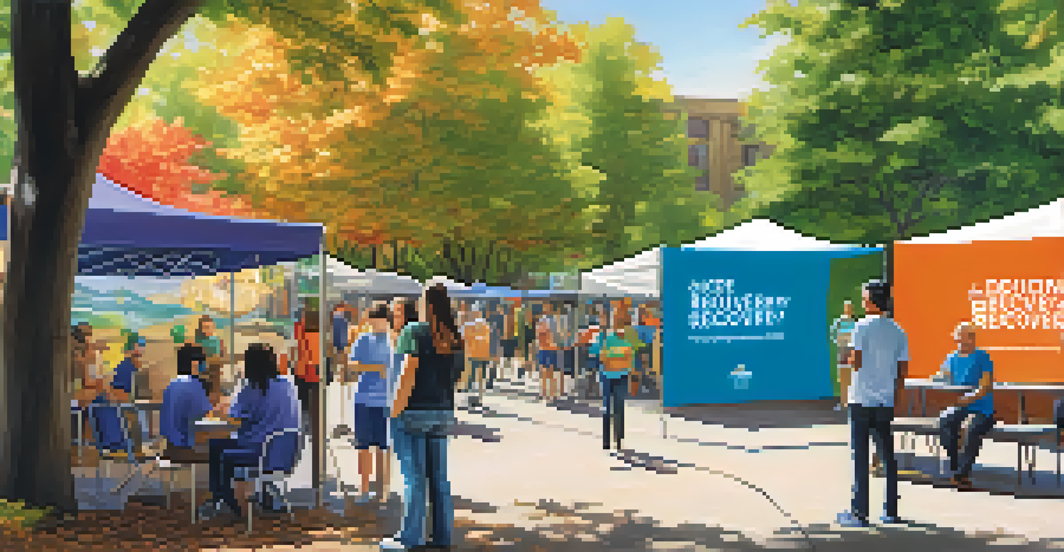 A community outreach program for addiction recovery in a vibrant park, with volunteers and participants interacting at various booths.