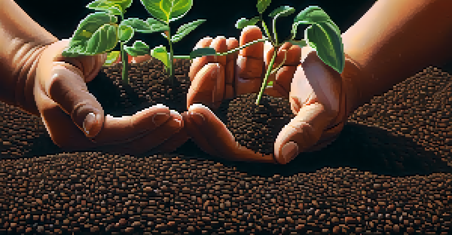 Close-up of hands planting colorful seeds in rich soil, symbolizing growth and nurturing new habits.
