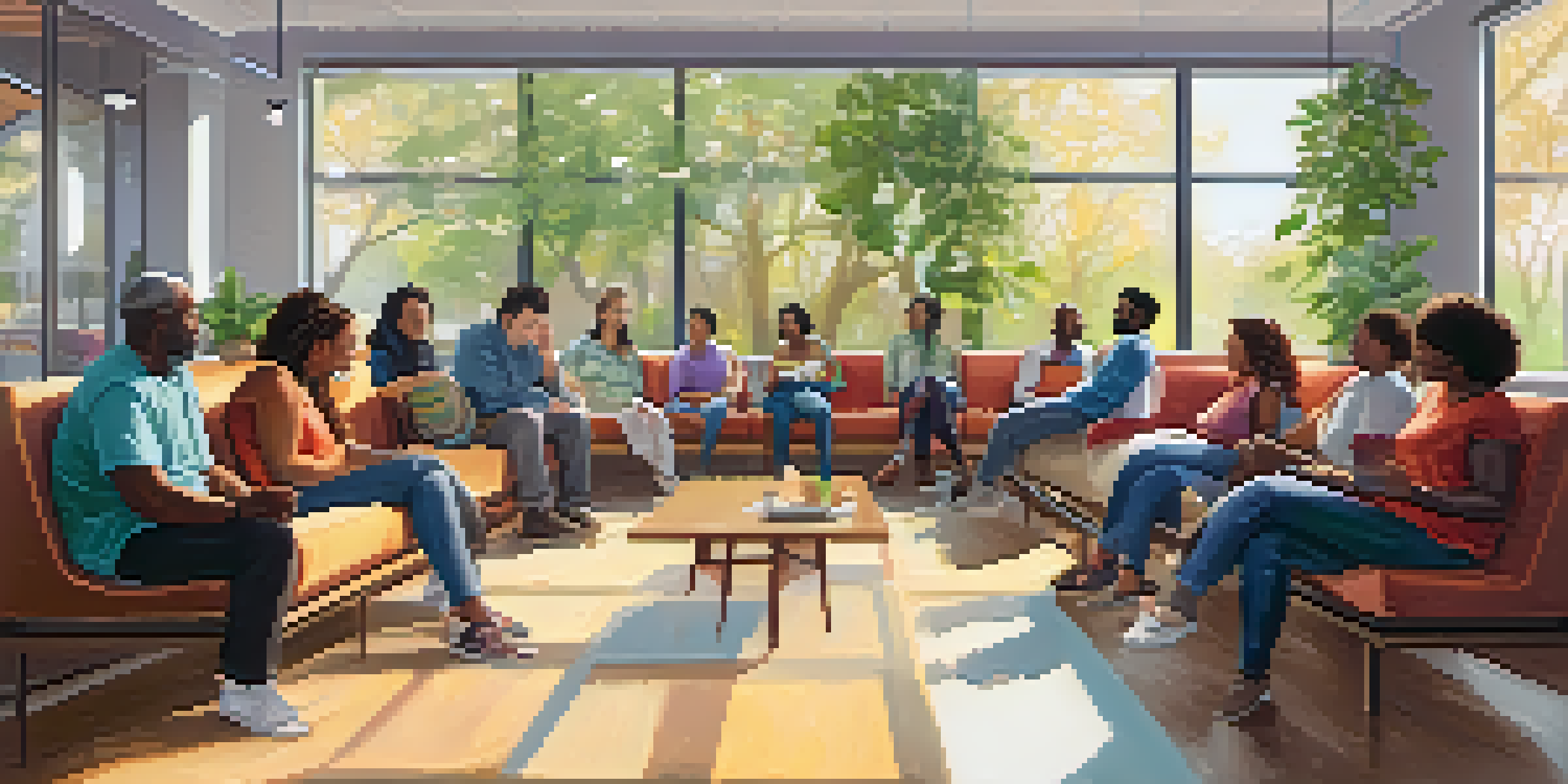A community center hosting a peer support group, with diverse individuals sharing stories in a bright and welcoming environment.