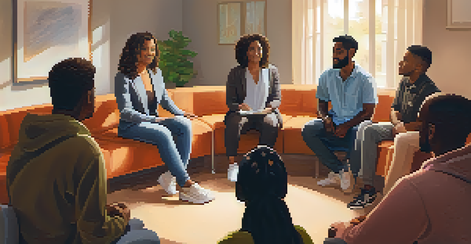 A diverse group in a supportive therapy session, sitting in a circle with a facilitator guiding the discussion in a warmly lit room.