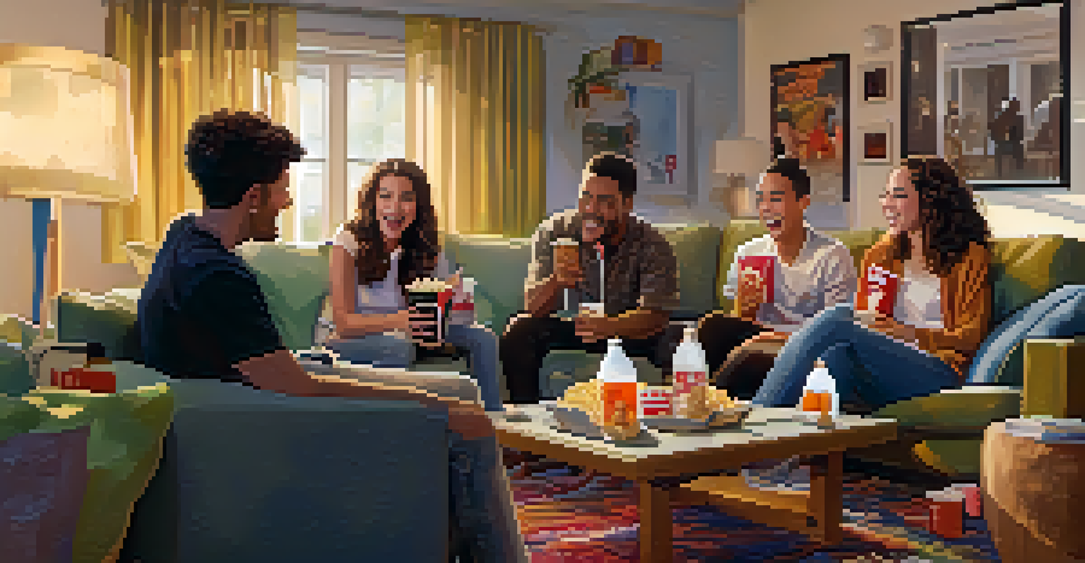 A group of friends in a living room discussing a TV show, surrounded by snacks, with a TV displaying a paused episode in the background.