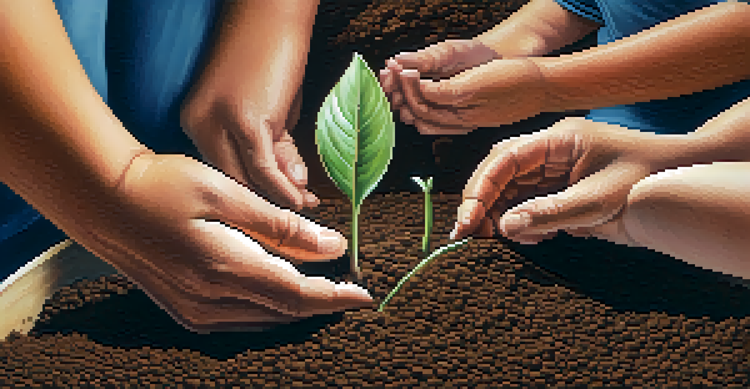 Hands planting seeds in soil, representing hope, with a supportive community environment blurred in the background.