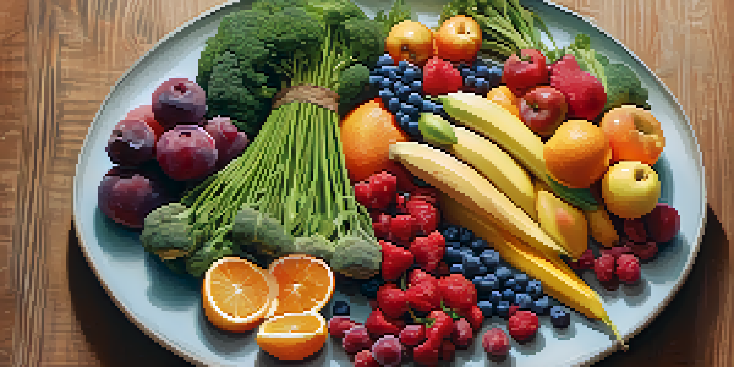 A colorful plate featuring fresh fruits, vegetables, whole grains, and lean proteins, beautifully arranged to highlight their textures.