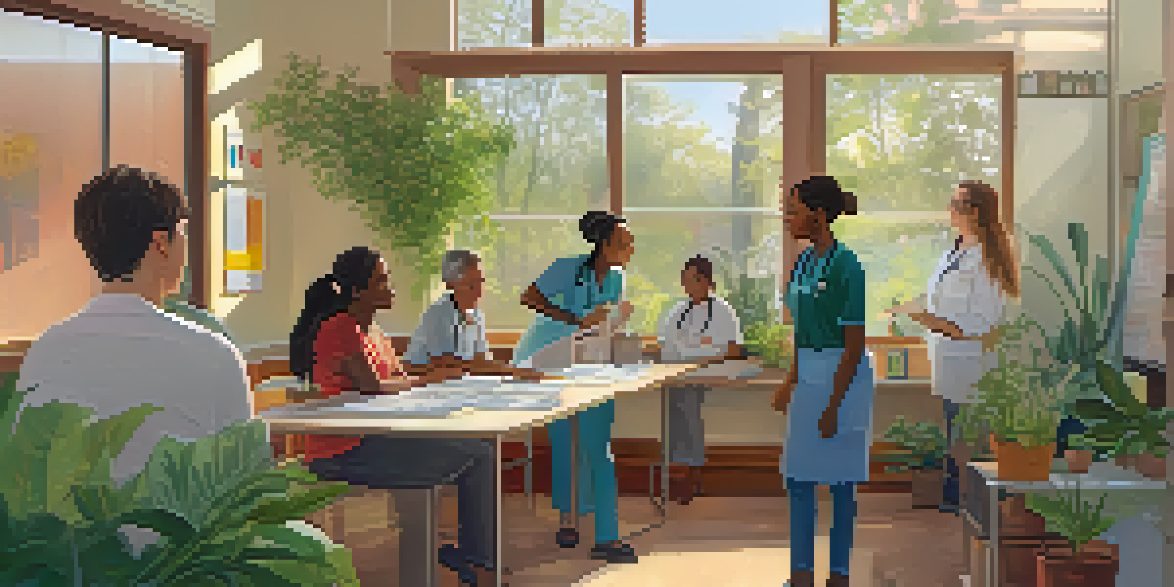 A community health clinic with sunlight, diverse individuals discussing harm reduction, and a nurse providing information.