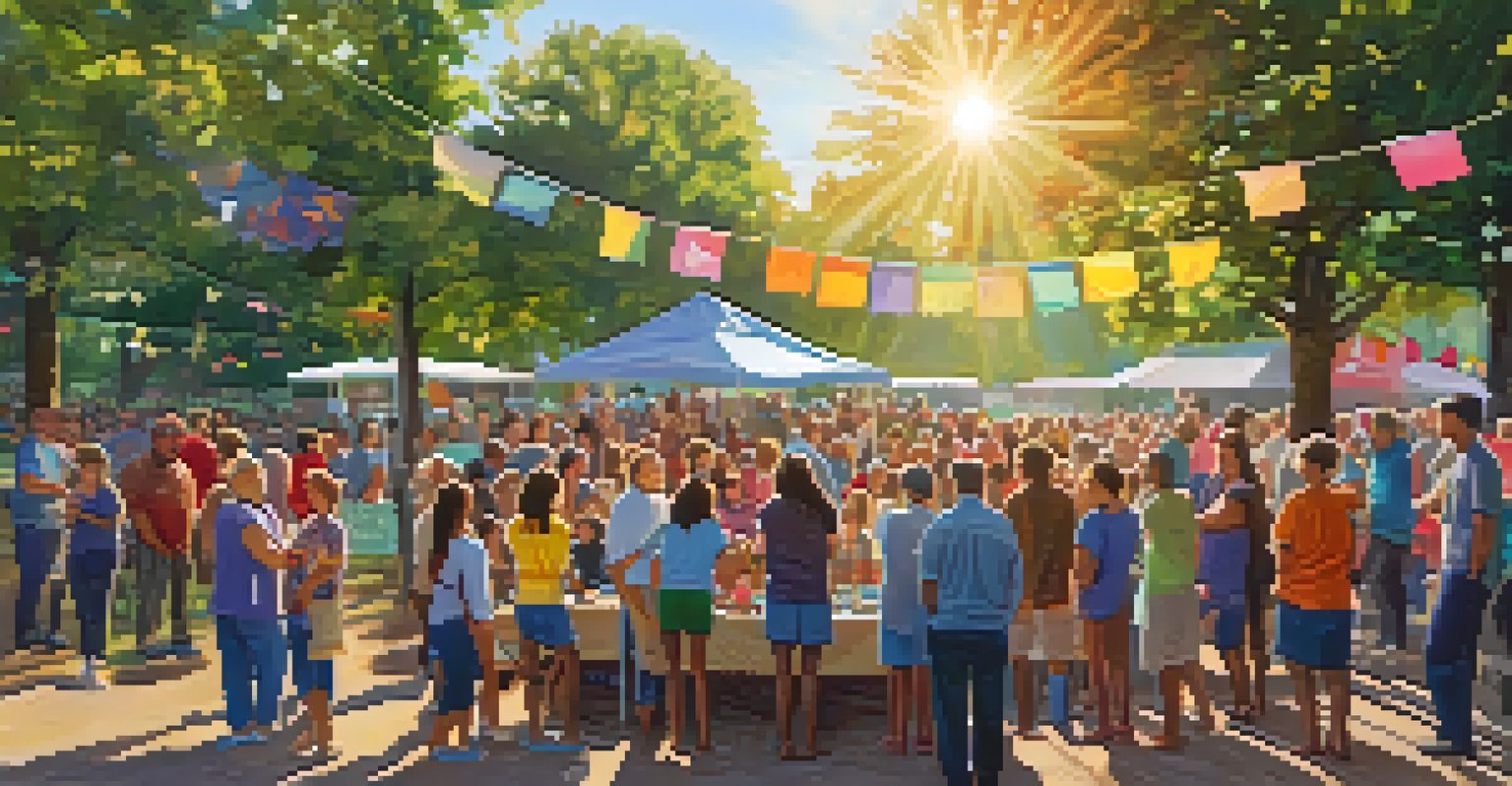 A lively outdoor community gathering promoting understanding and support for addiction recovery.