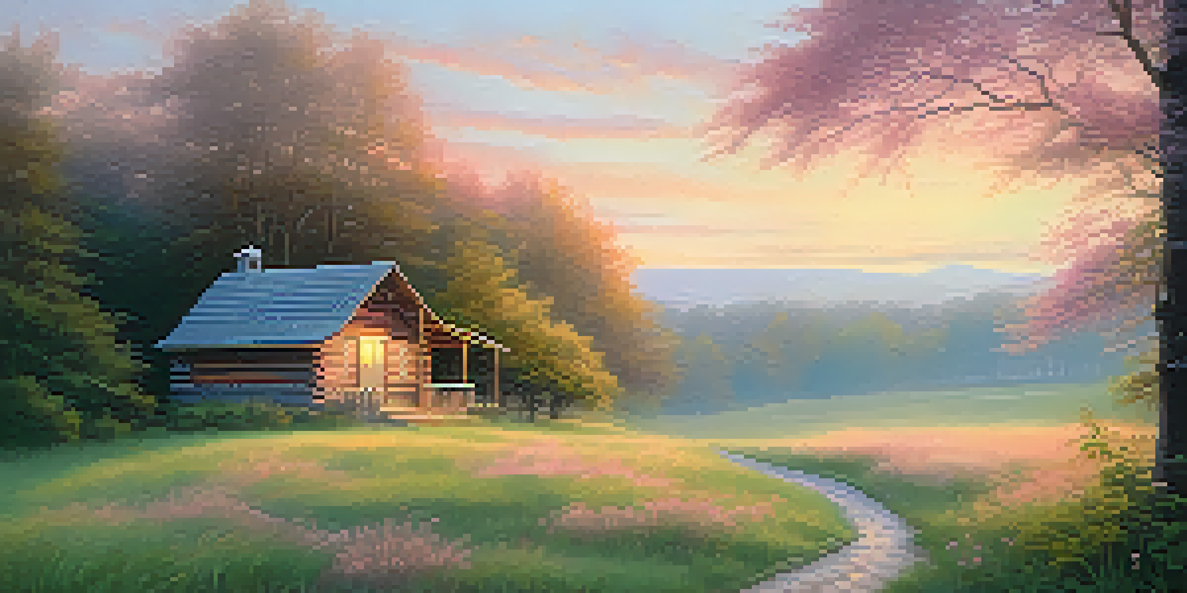 A peaceful rural scene at sunrise with a winding path and a cozy cabin surrounded by trees, showcasing pastel colors in the sky and mist over the meadow.