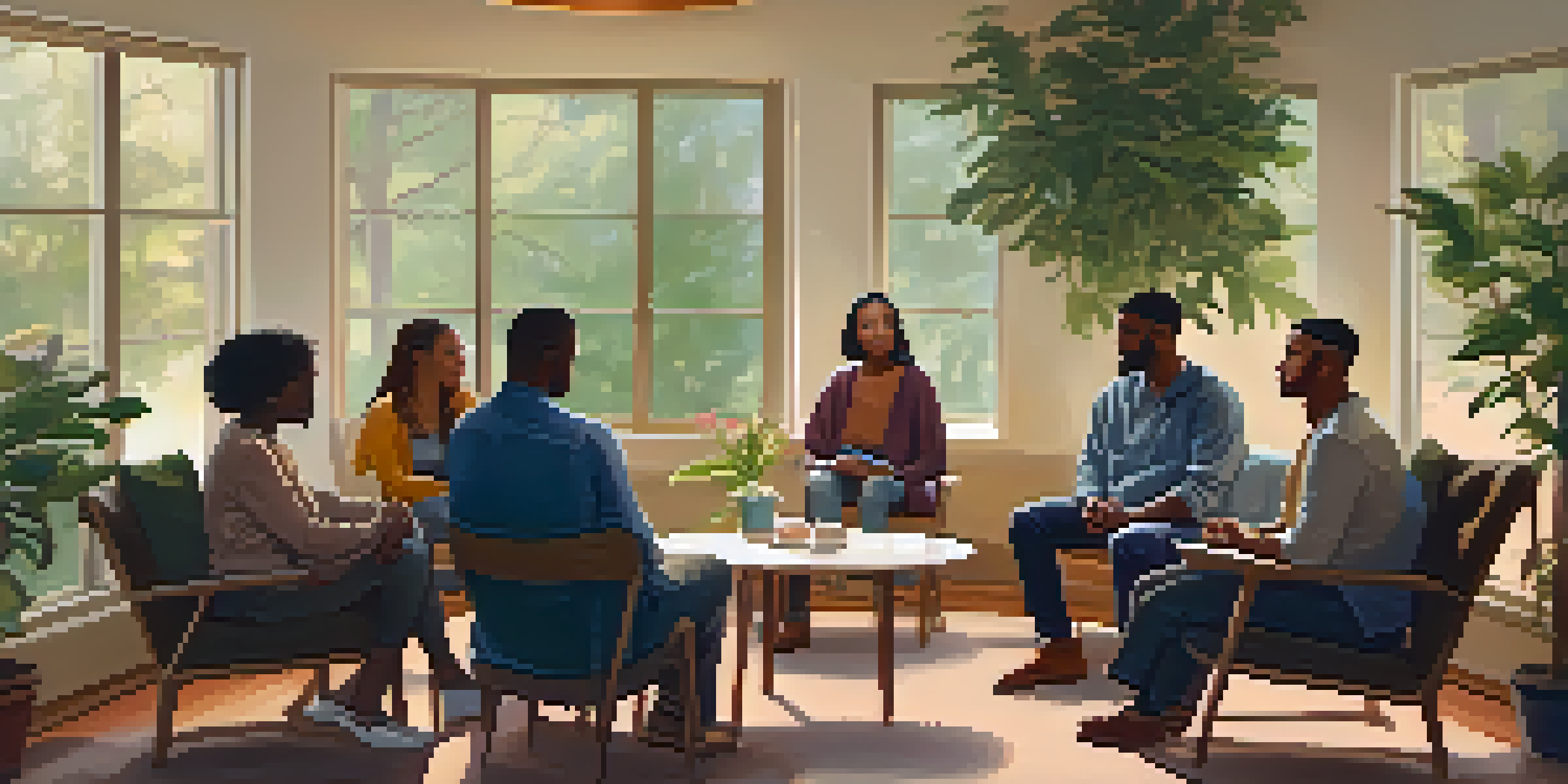 A diverse group of individuals in a cozy circle, listening empathetically to one another in a supportive environment.
