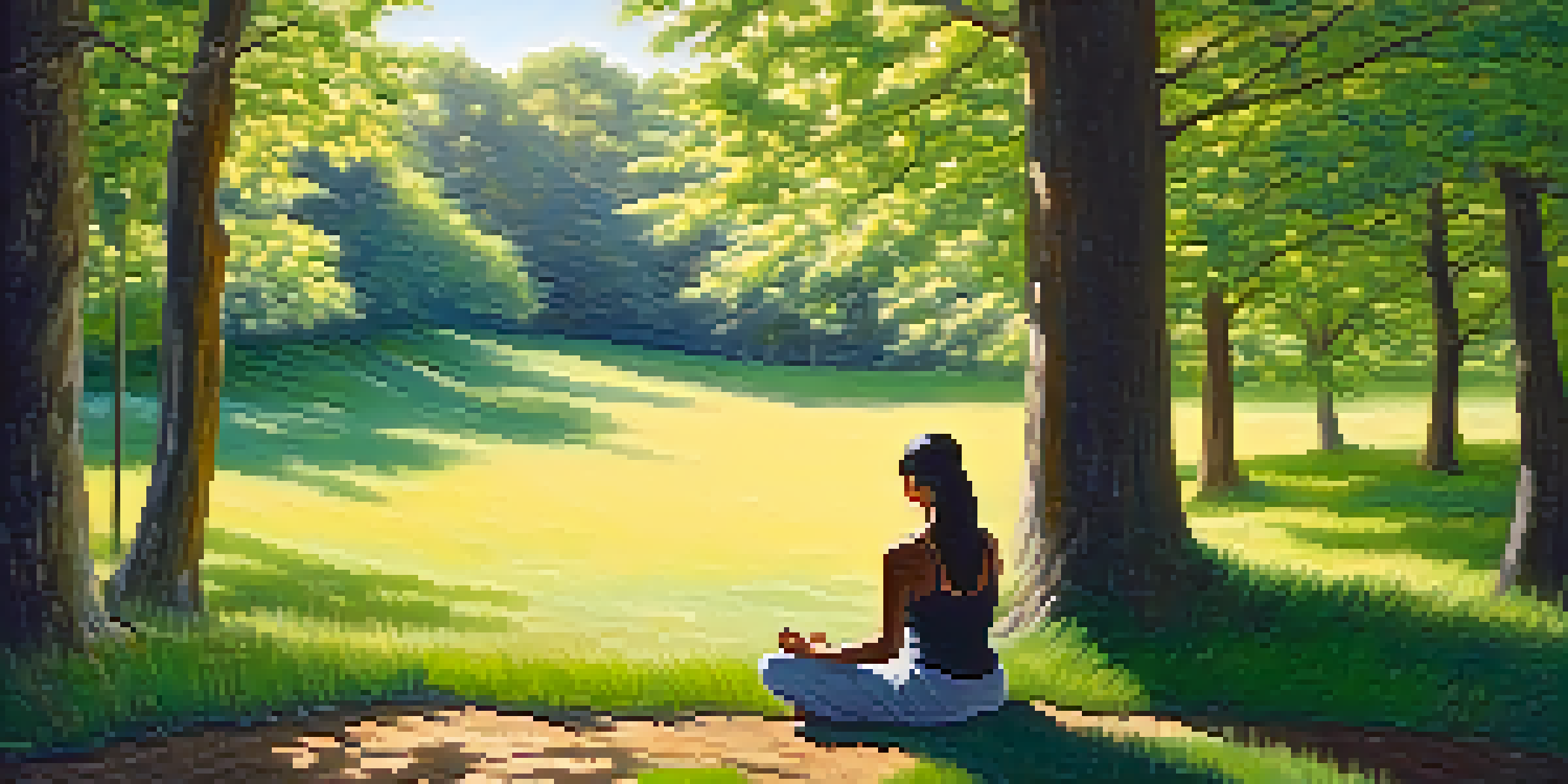 A person practicing mindfulness on a grassy knoll, surrounded by nature, with sunlight filtering through trees.