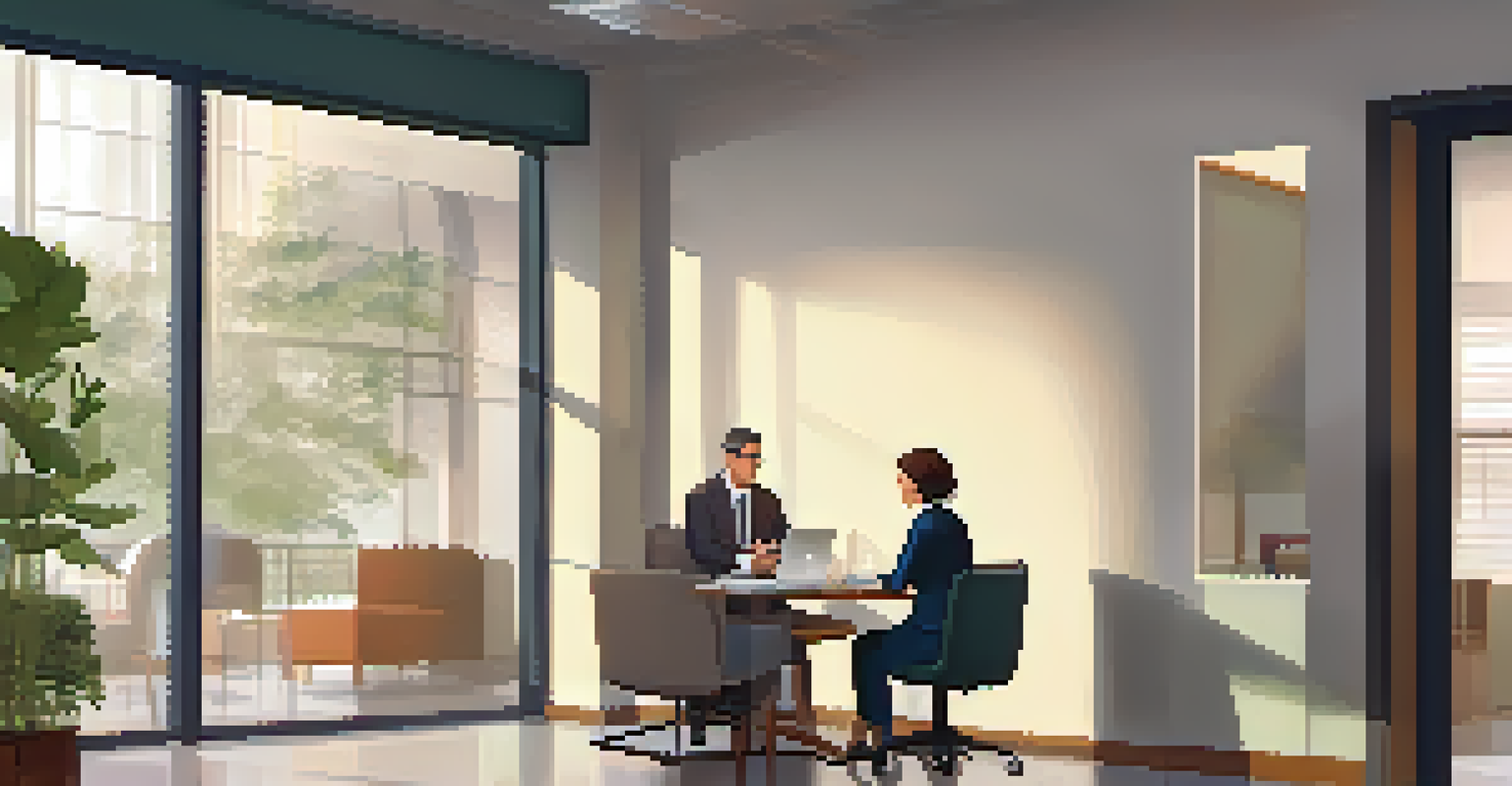 A manager and a returning employee in a cozy office, engaged in a supportive conversation, with a warm and inviting atmosphere.