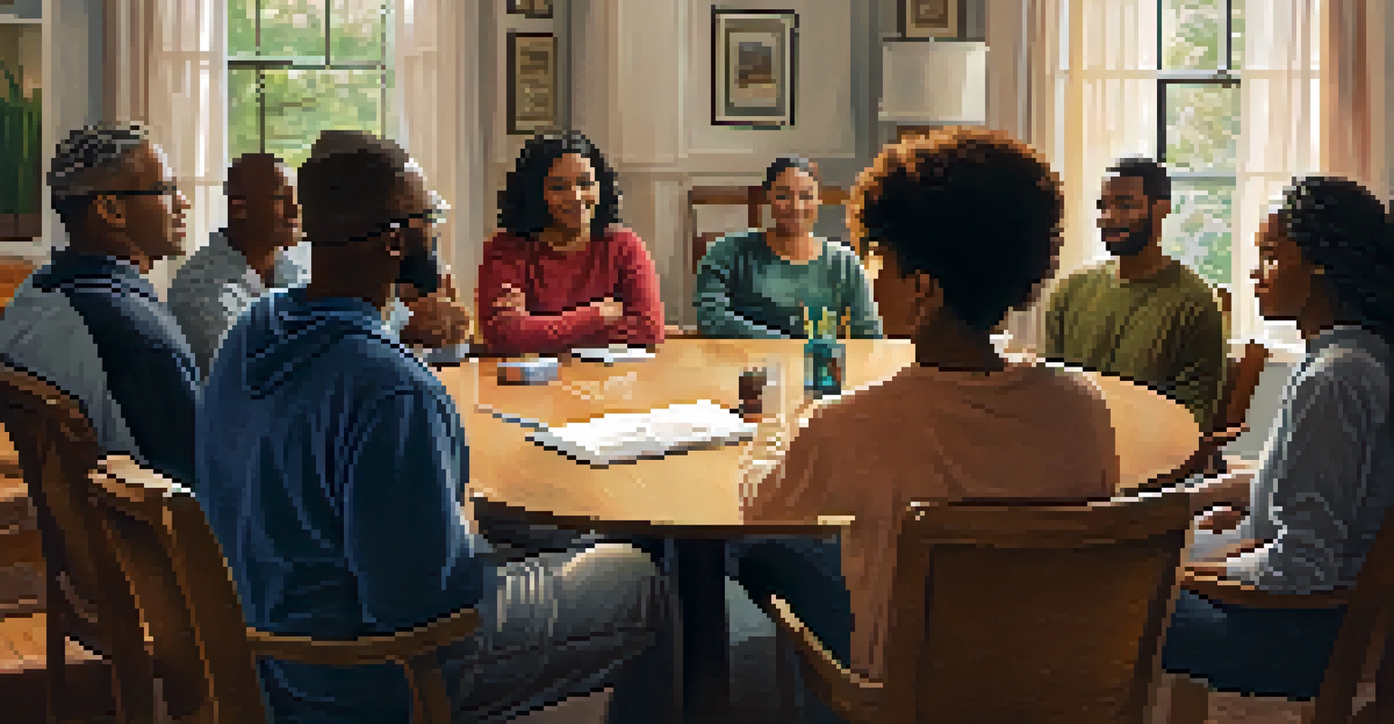 A diverse group of people sitting in a circle during a support group meeting in a cozy room, sharing thoughts and feelings.