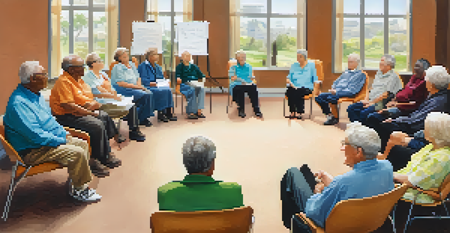 A group of older adults in a circle during a community support group meeting, sharing smiles and engaging in conversation.