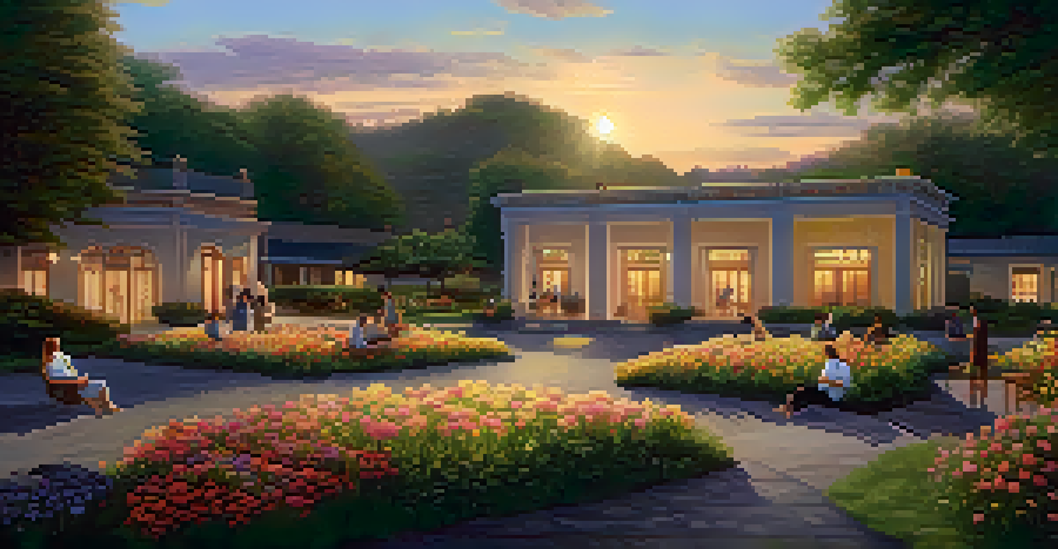 A peaceful recovery center in a lush green landscape during sunset, with people in supportive conversations.