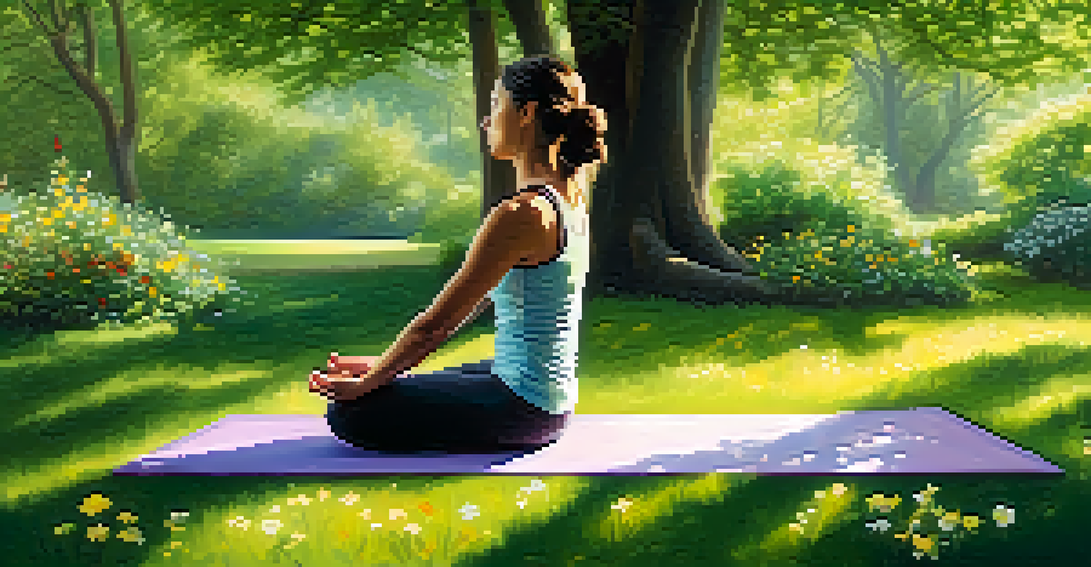 A person practicing mindfulness on a yoga mat in a tranquil park, surrounded by greenery.