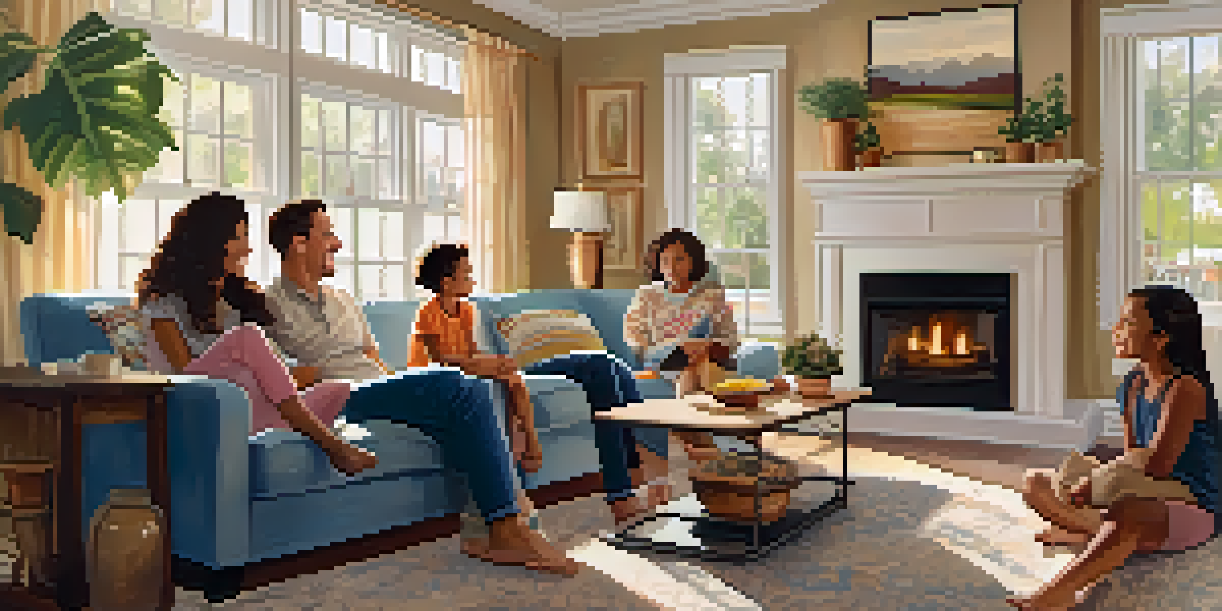A diverse family of four joyfully gathered in a cozy living room, with sunlight streaming through the window and family photos on the walls.