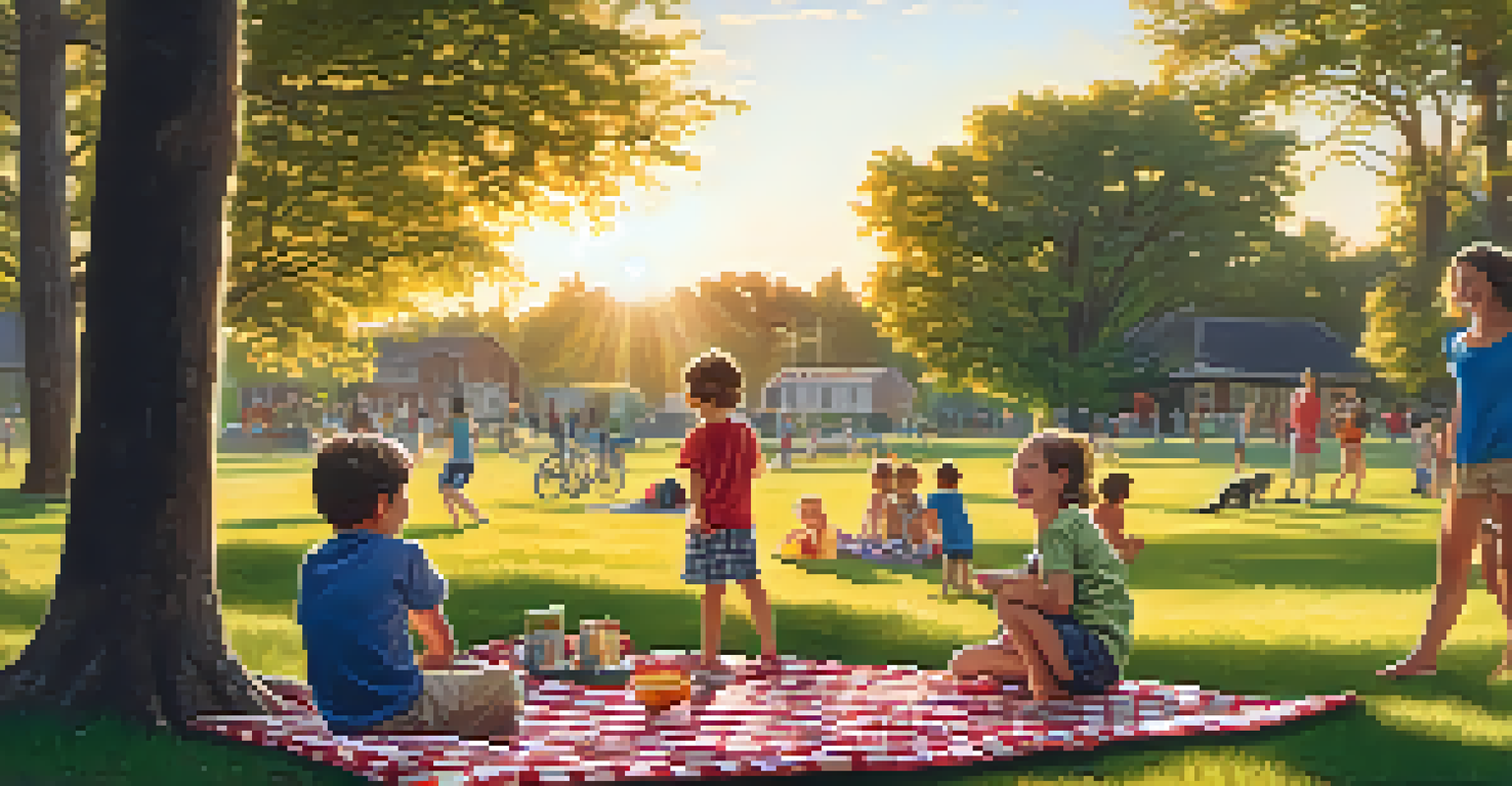 A family enjoying a picnic in a park during sunset, with children playing and laughter in the air.