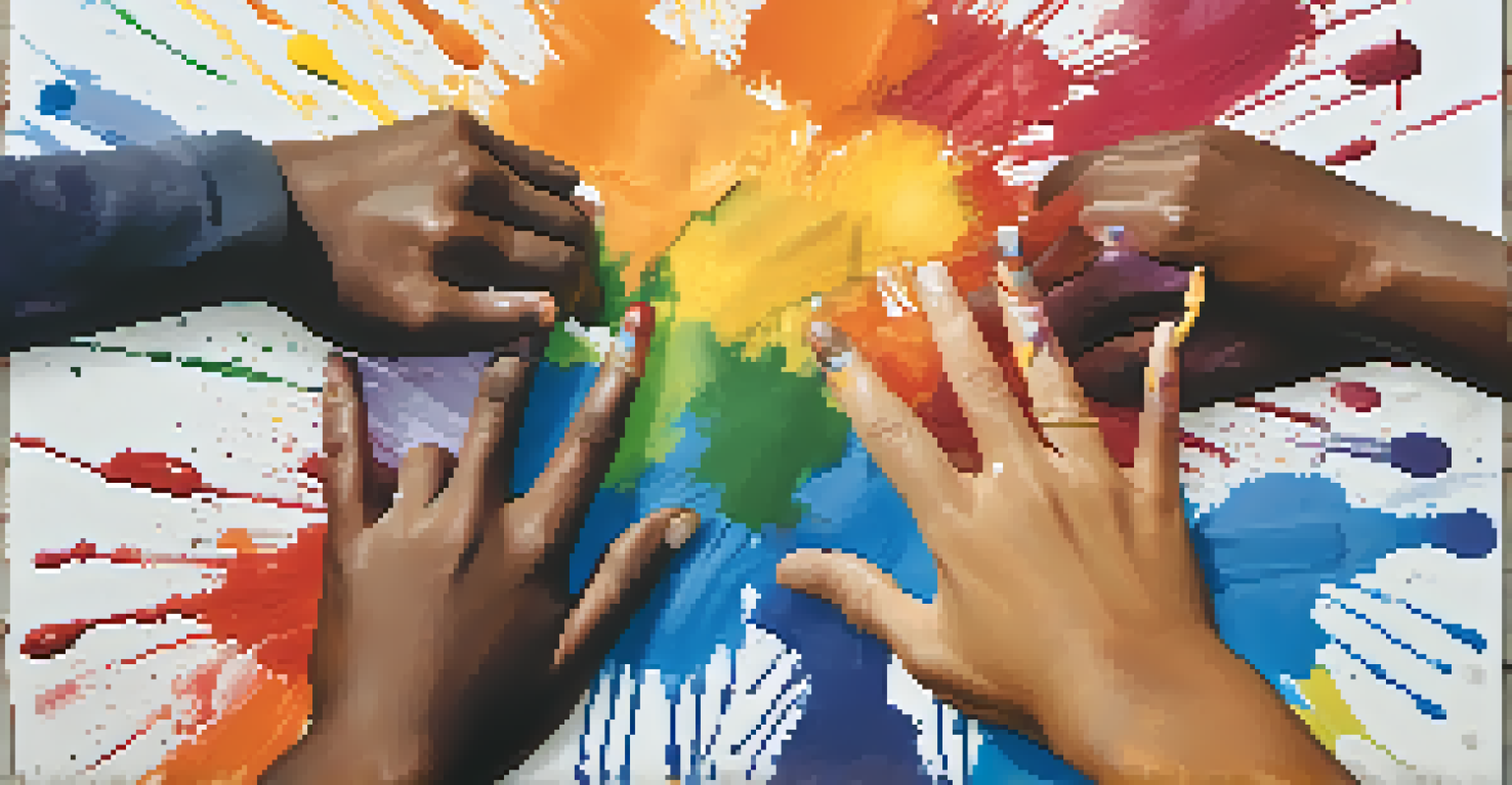 Close-up of diverse hands painting a mural together, symbolizing community collaboration and recovery.