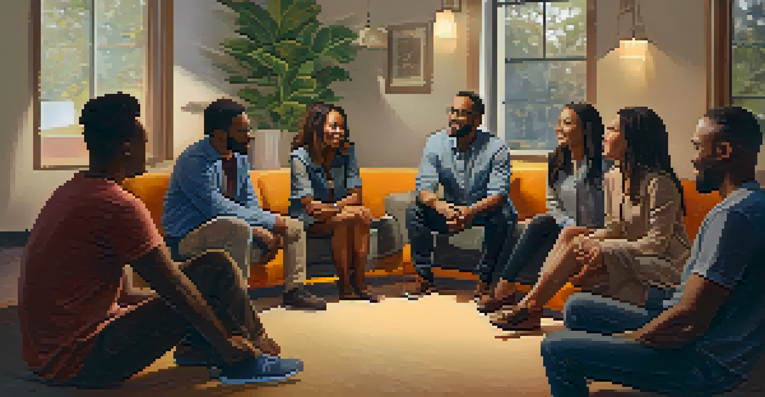 A diverse group of people sitting in a circle, sharing experiences about financial management and recovery in a warm, supportive environment.