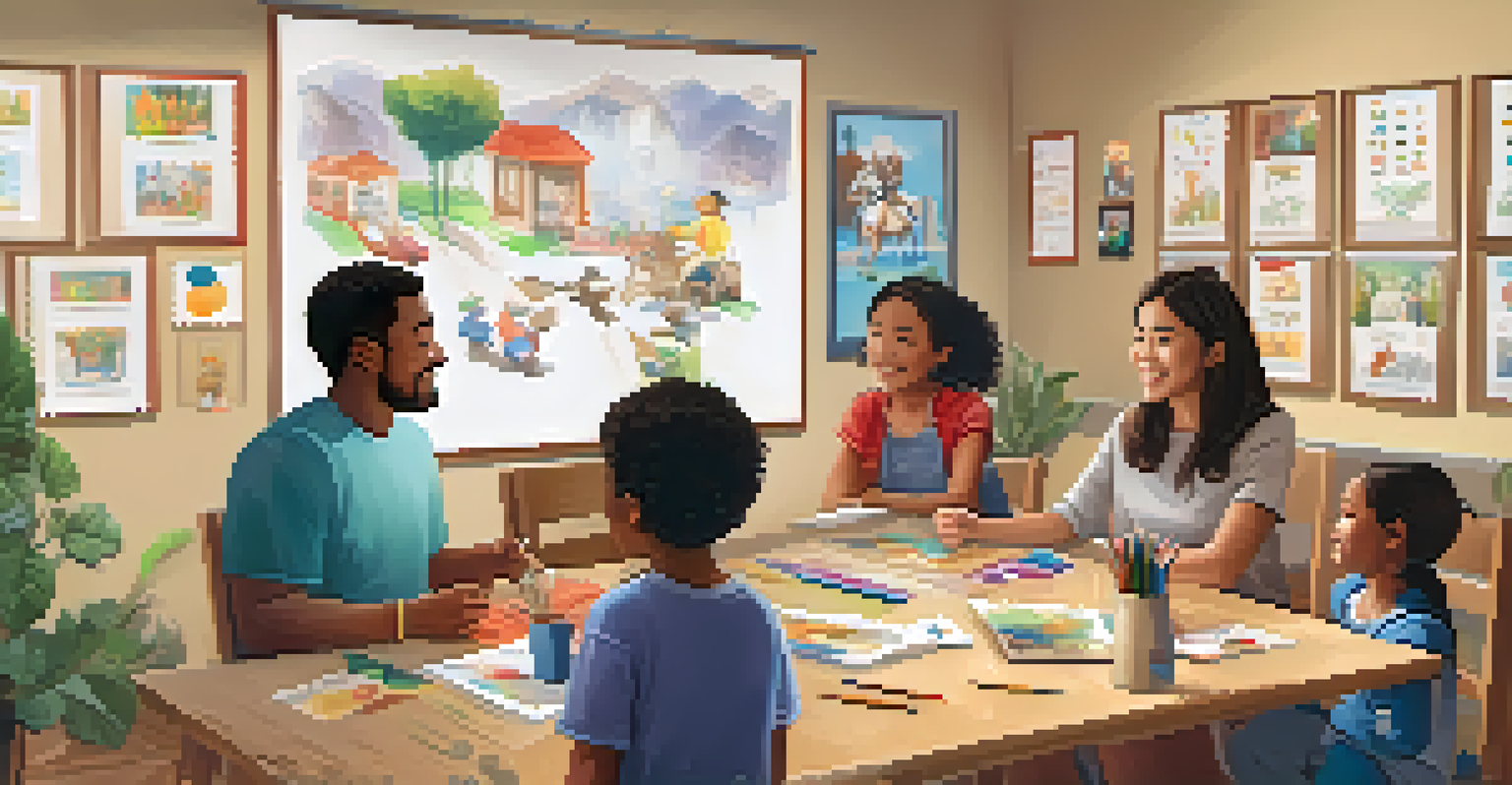 A family workshop with parents and children discussing healthy coping strategies in a cozy, decorated room filled with art supplies.