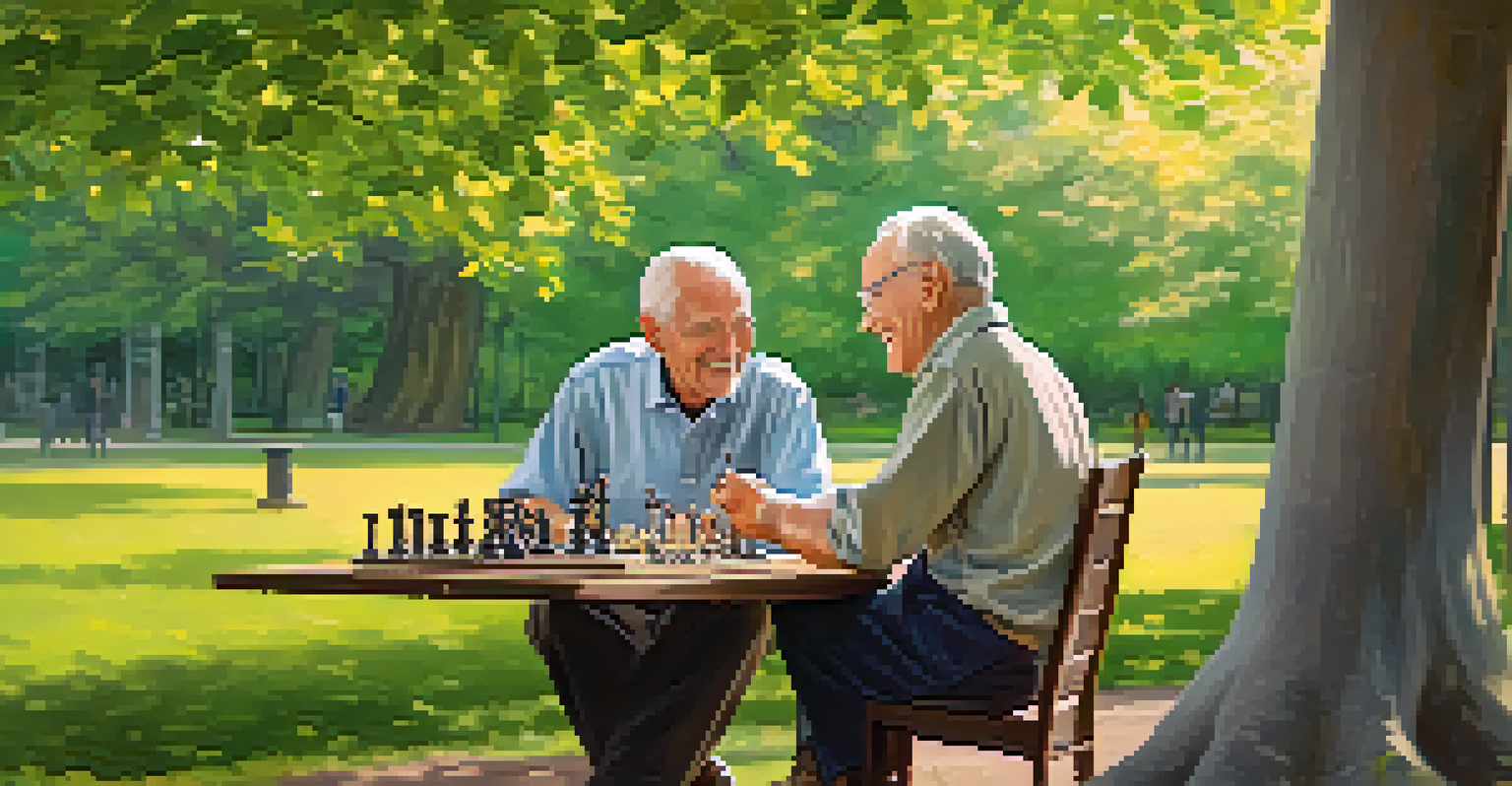 An elderly man playing chess with a younger companion in a sunny park, surrounded by greenery and flowers, both smiling and engaged.
