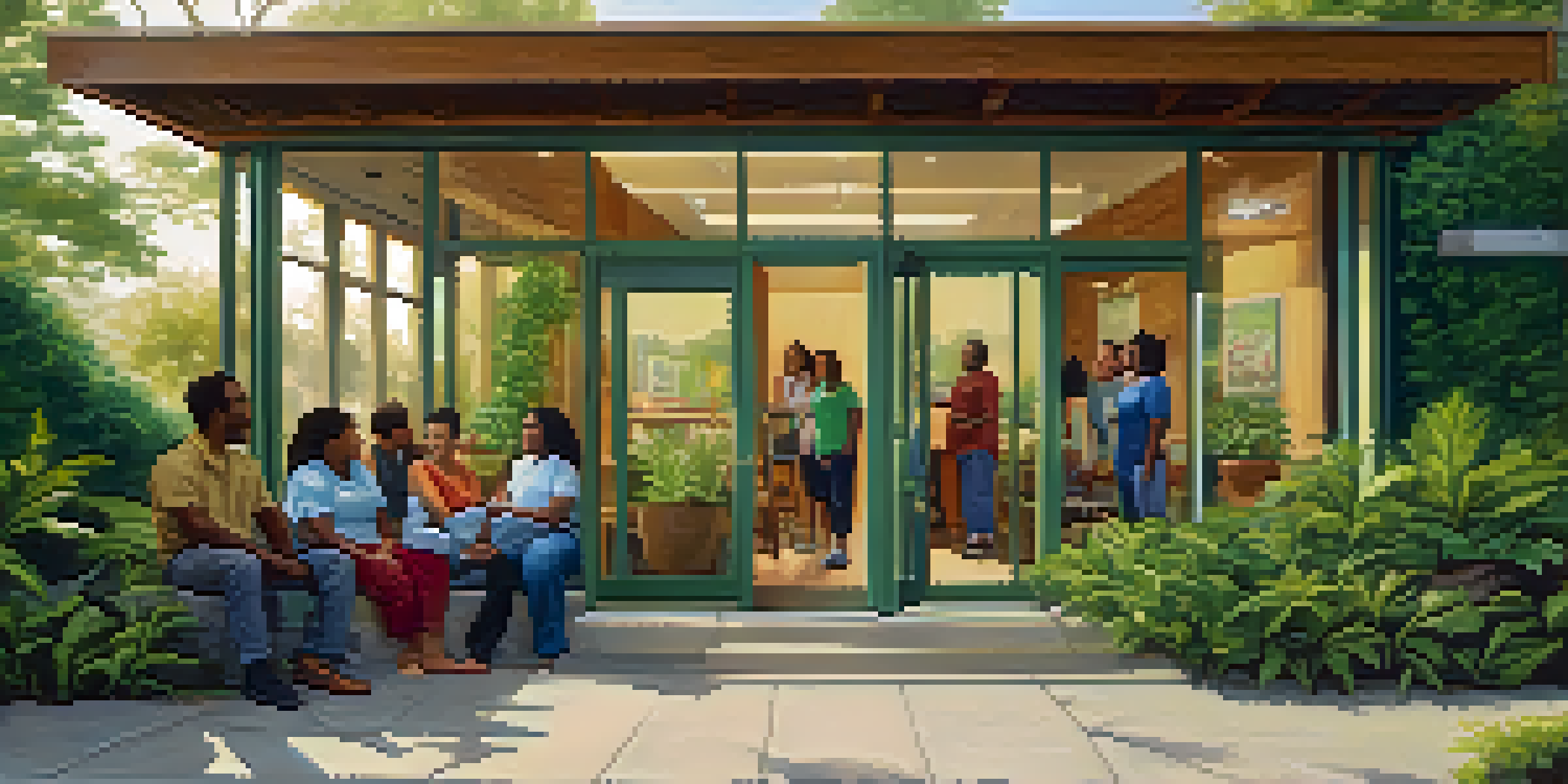 A community health center with diverse individuals discussing outside, surrounded by greenery and warm sunlight.