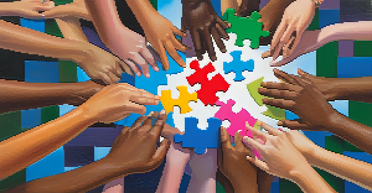 Hands of various skin tones holding a colorful puzzle heart, symbolizing unity and support in addiction recovery.