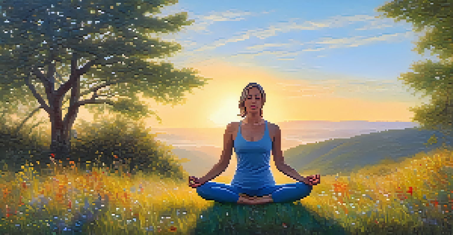 A person practicing yoga on a grassy hill at sunrise, surrounded by wildflowers and a clear sky, representing peace and renewal.
