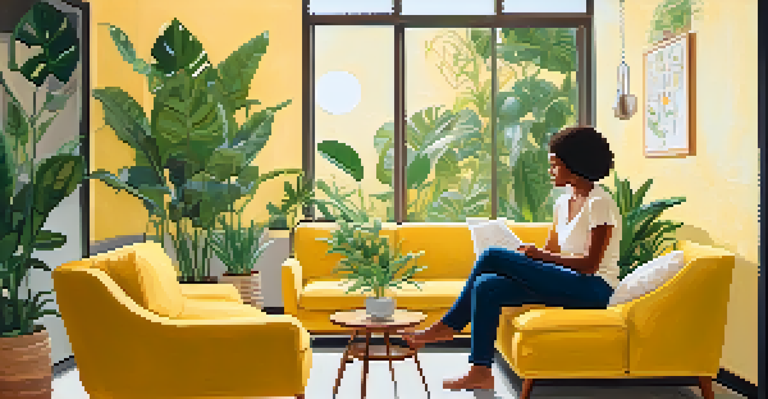 A woman sitting on a couch speaking to a therapist in a warmly lit counseling room filled with plants and artwork.