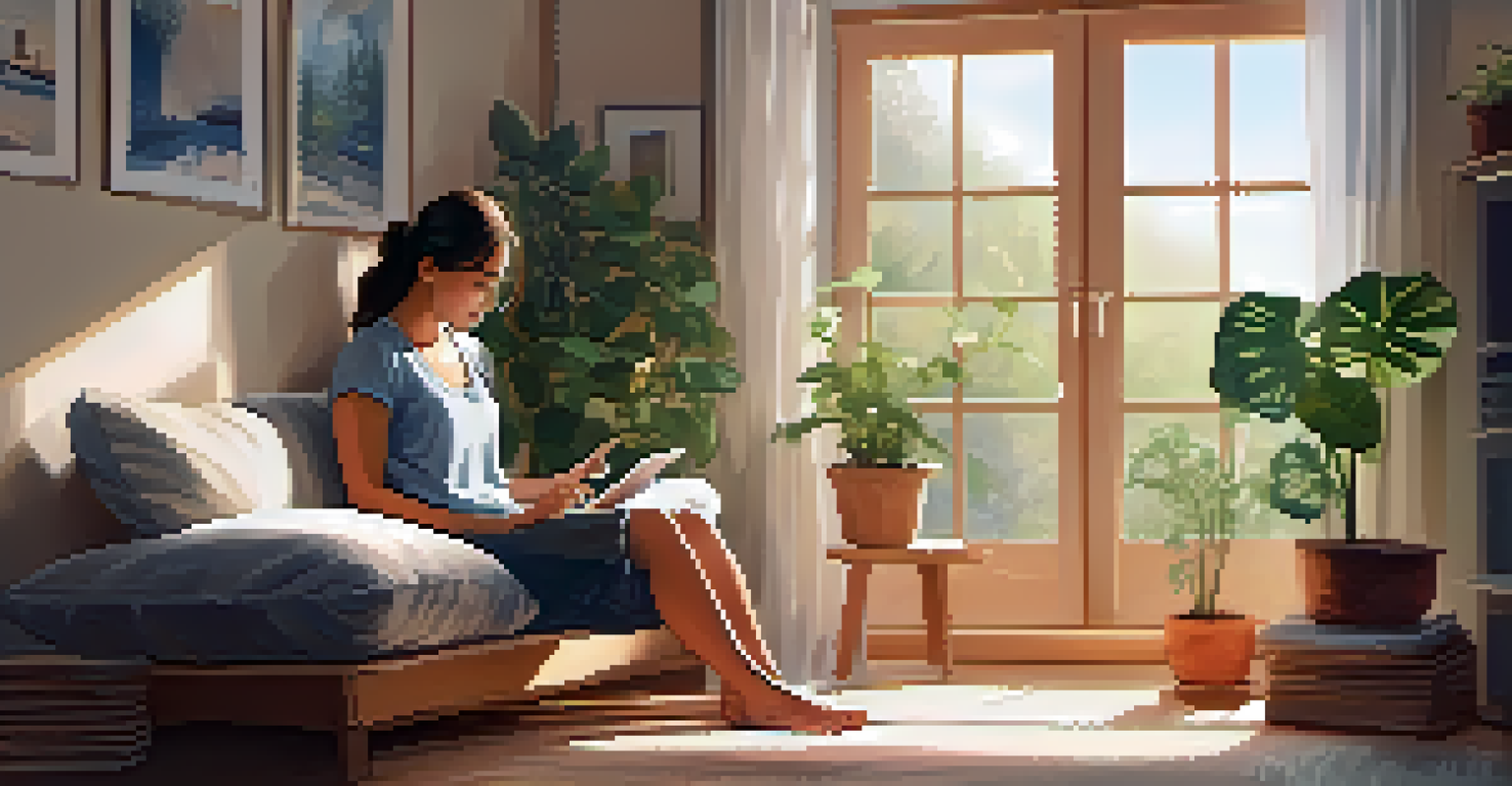 A person practicing mindfulness in a cozy room while using a tablet, surrounded by plants and books.