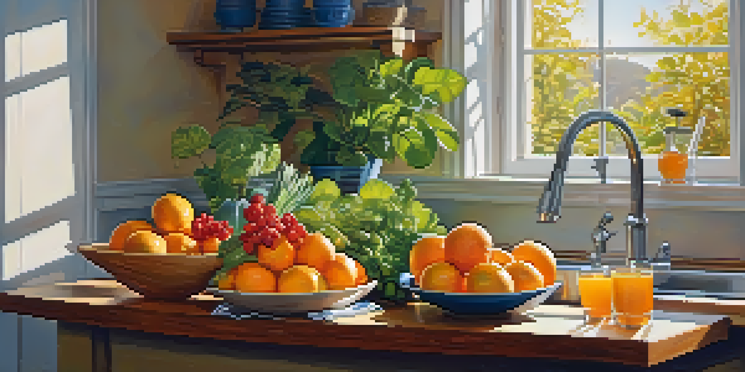 A bright kitchen with fresh fruits and vegetables on a countertop, including oranges and berries, illuminated by sunlight coming through the window.