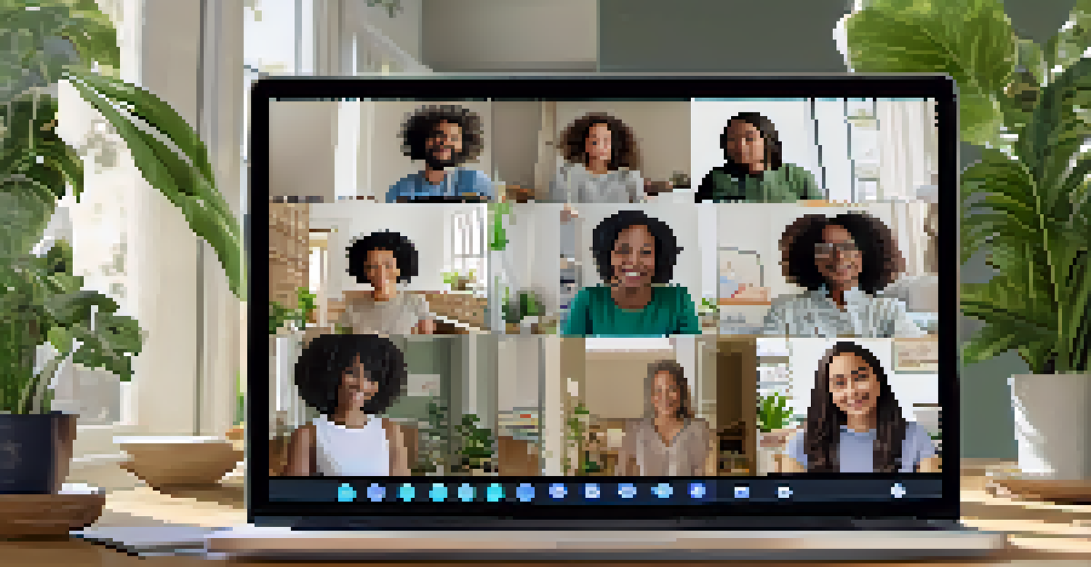 A computer screen displaying a virtual support group session with several participants sharing their experiences from their homes.