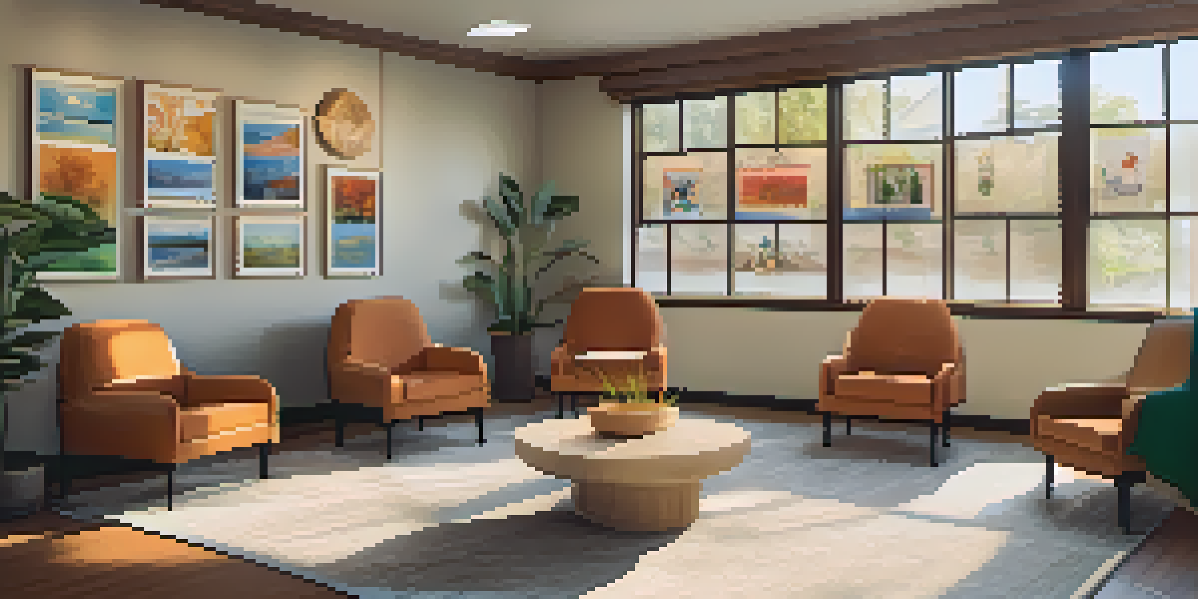 A cozy counseling room decorated with cultural artwork, bright natural light, and comfortable seating arranged in a circle.