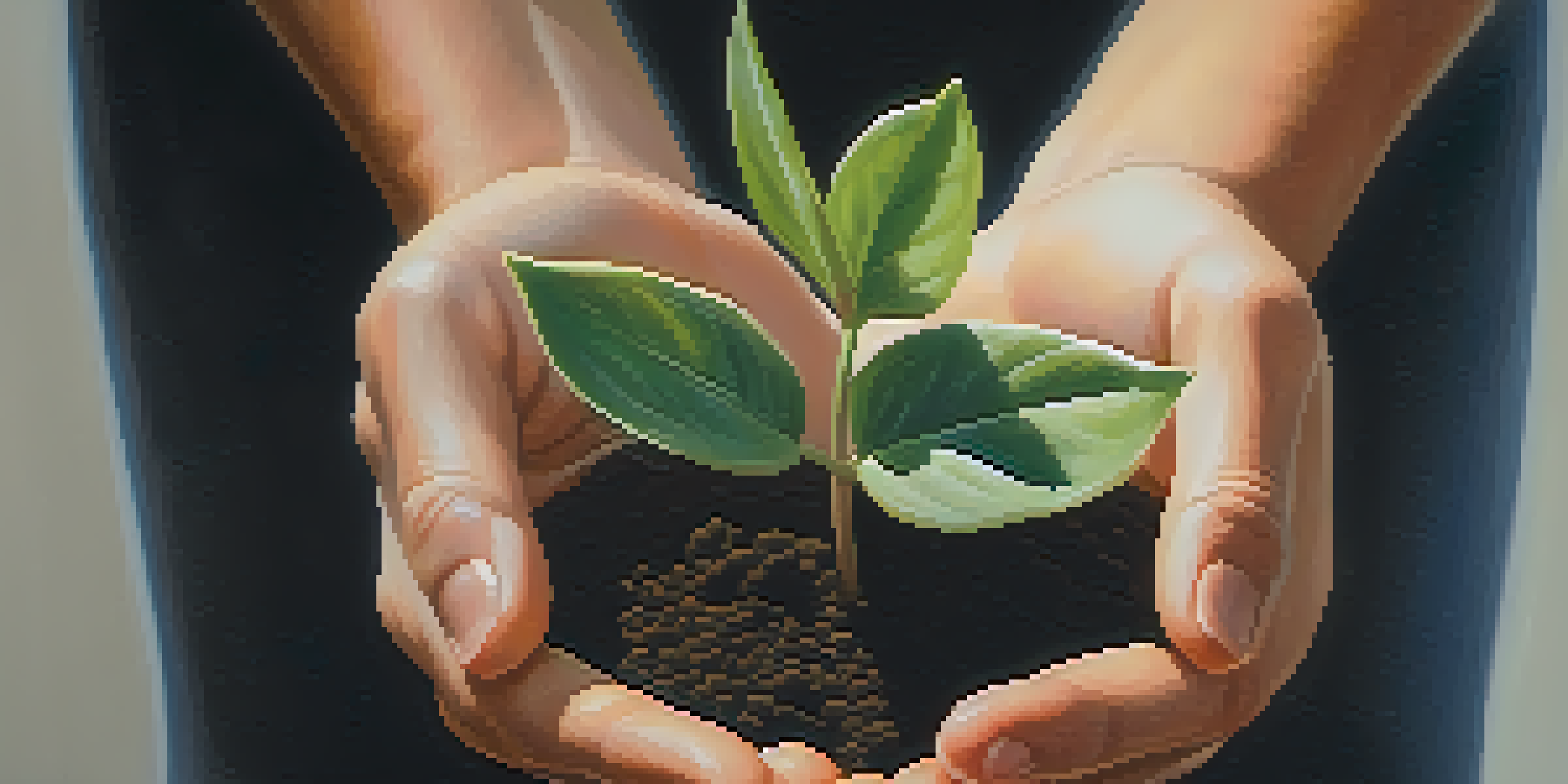 Close-up of hands holding a small plant, symbolizing growth, with blurred supportive conversations in the background.